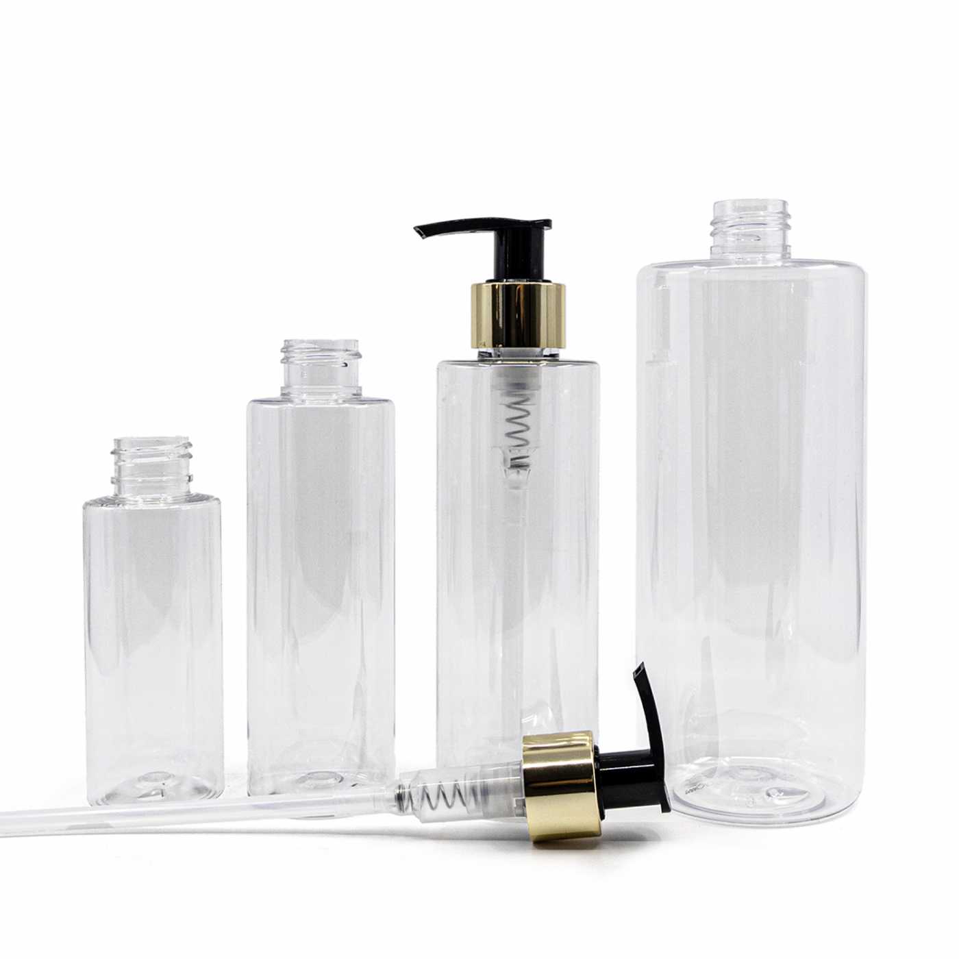Flacon en plastique transparent, pompe dorée, 150 ml