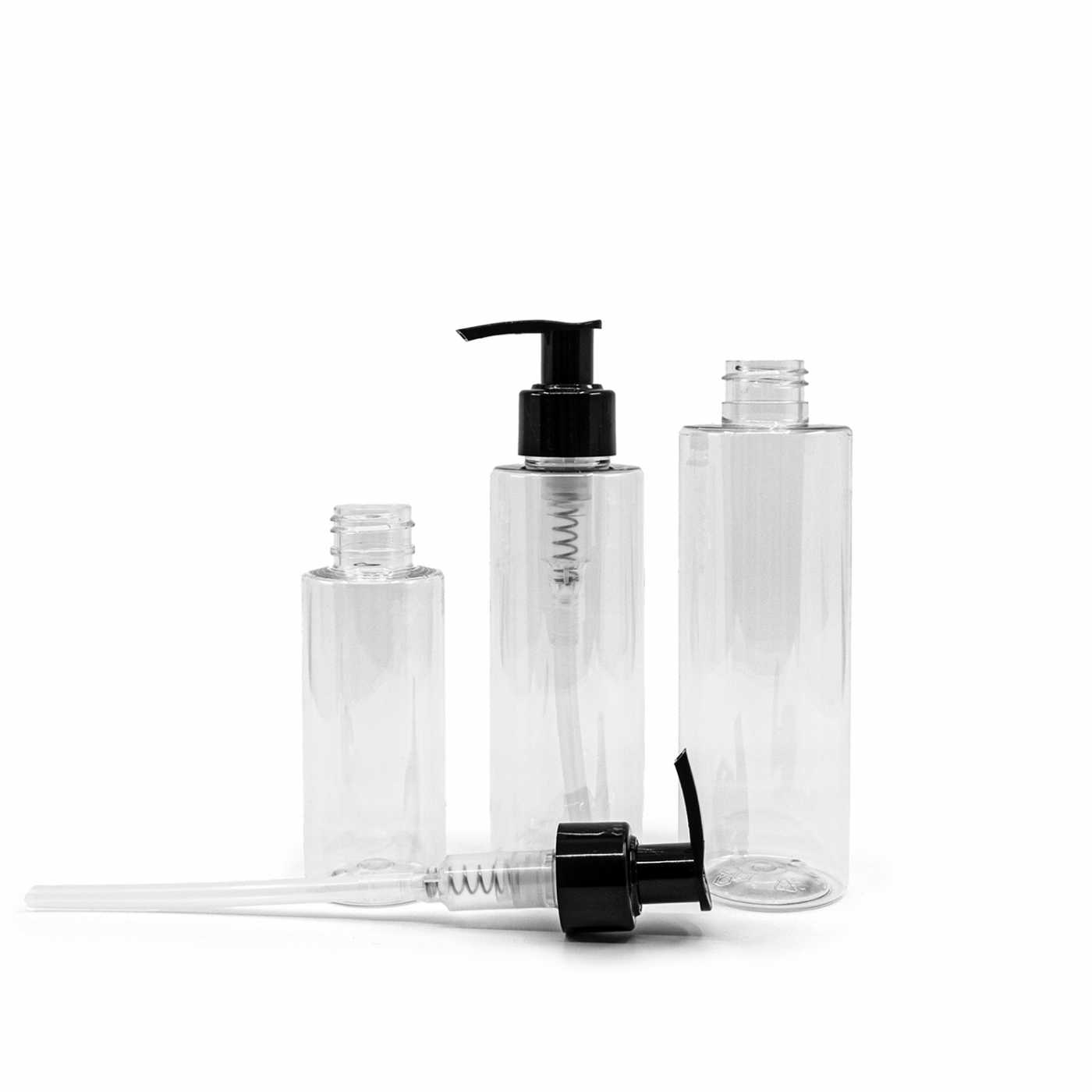 Bouteille en plastique transparente, distributeur noir, 150 ml