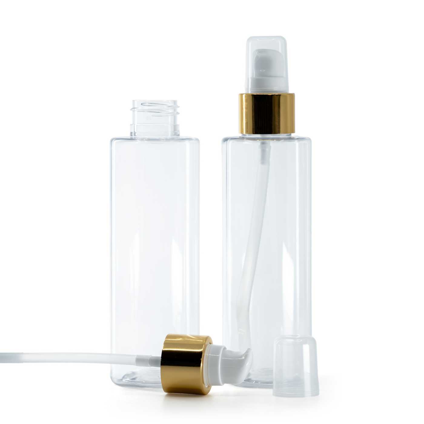 Flacon en plastique transparent, distributeur avec surcapuchon, blanc et or, 150 ml