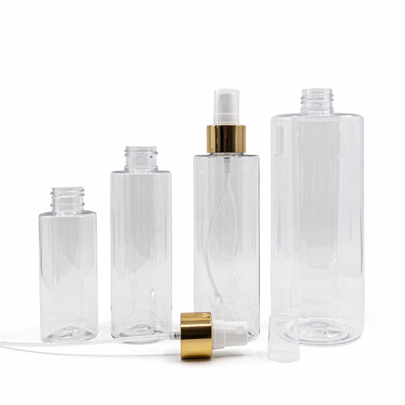 Műanyag palack, átlátszó, fehér szórófej, fényes arany gyűrű, 150 ml