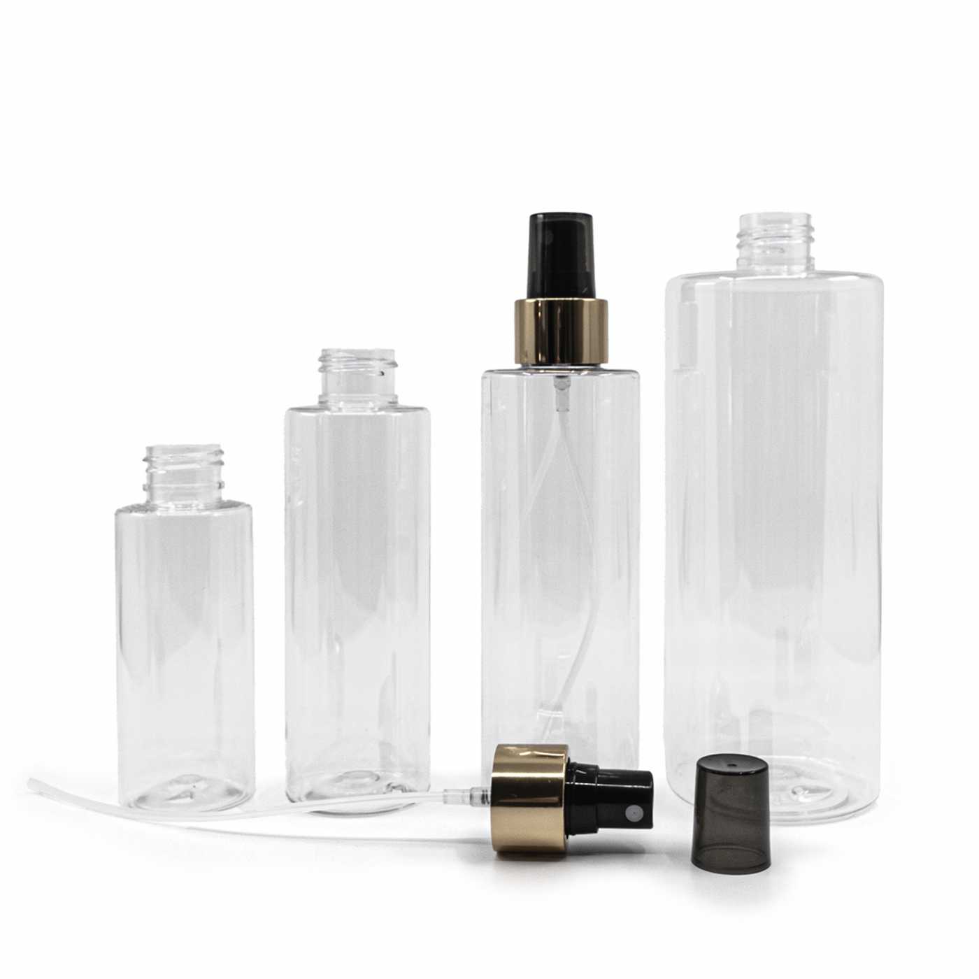 Bouteille en plastique transparente, spray noir, bague dorée brillante, 150 ml