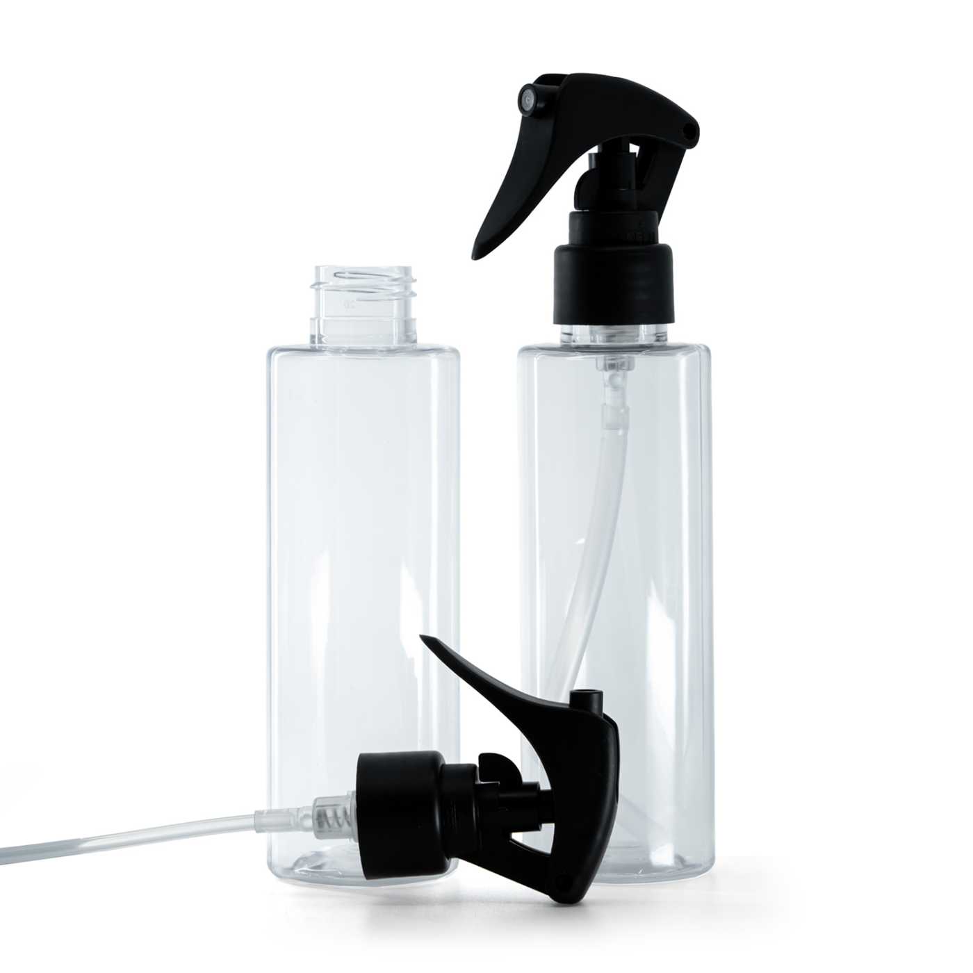 Flacon en plastique transparent, pulvérisateur à gâchette noir mat, bague lisse, 150 ml