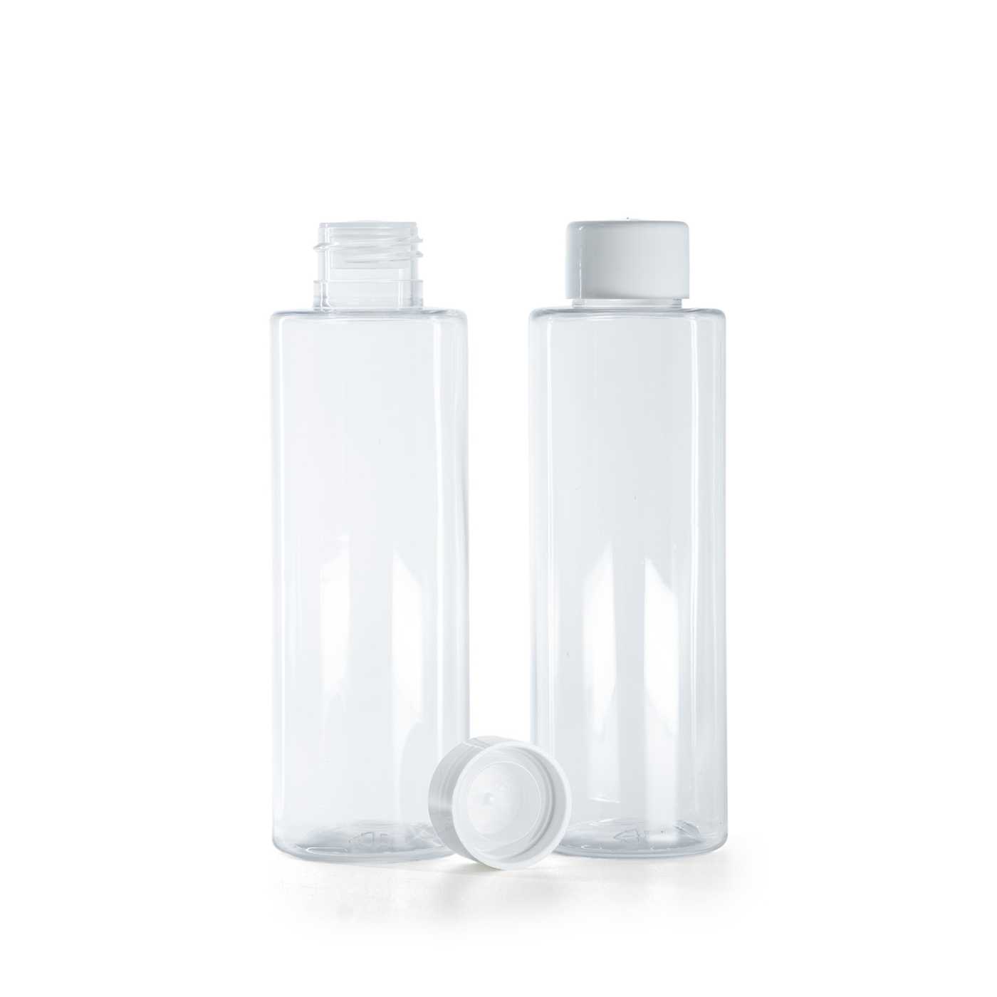 Bouteille en plastique transparente, bouchon blanc lisse avec réducteur, 150 ml