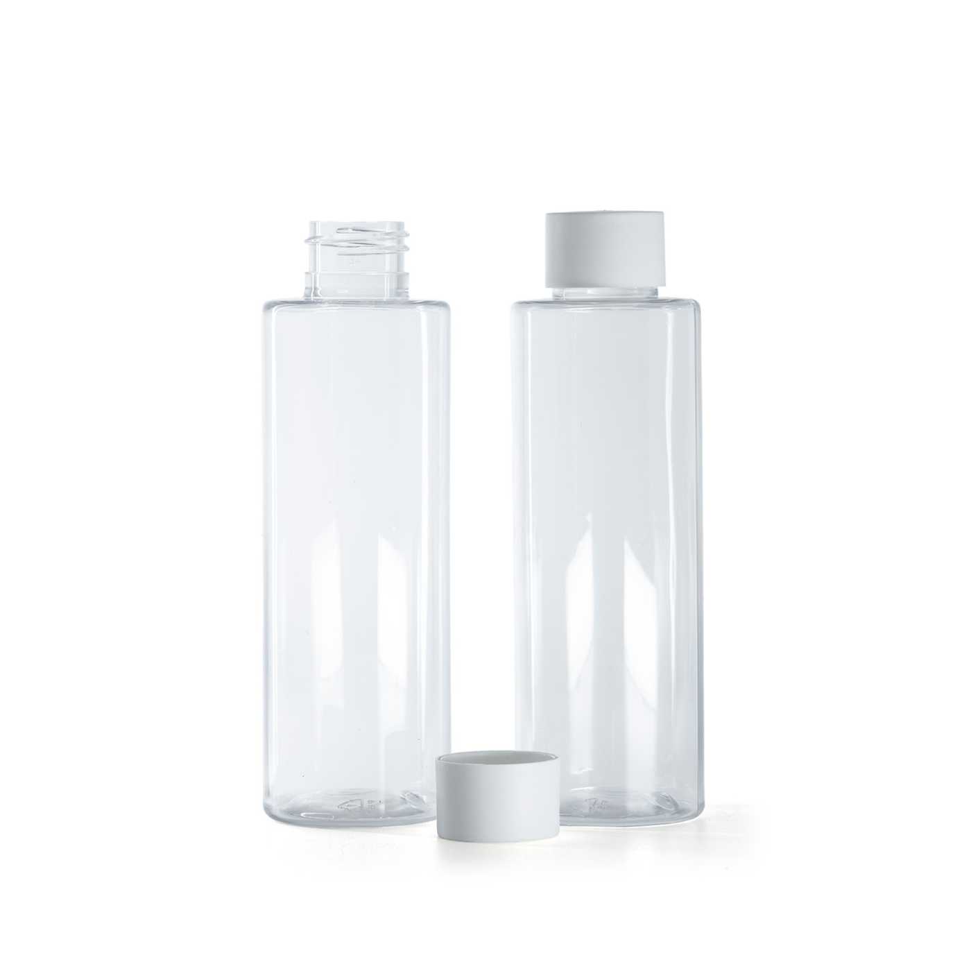 Bouteille en plastique transparente, bouchon blanc mat, 150 ml