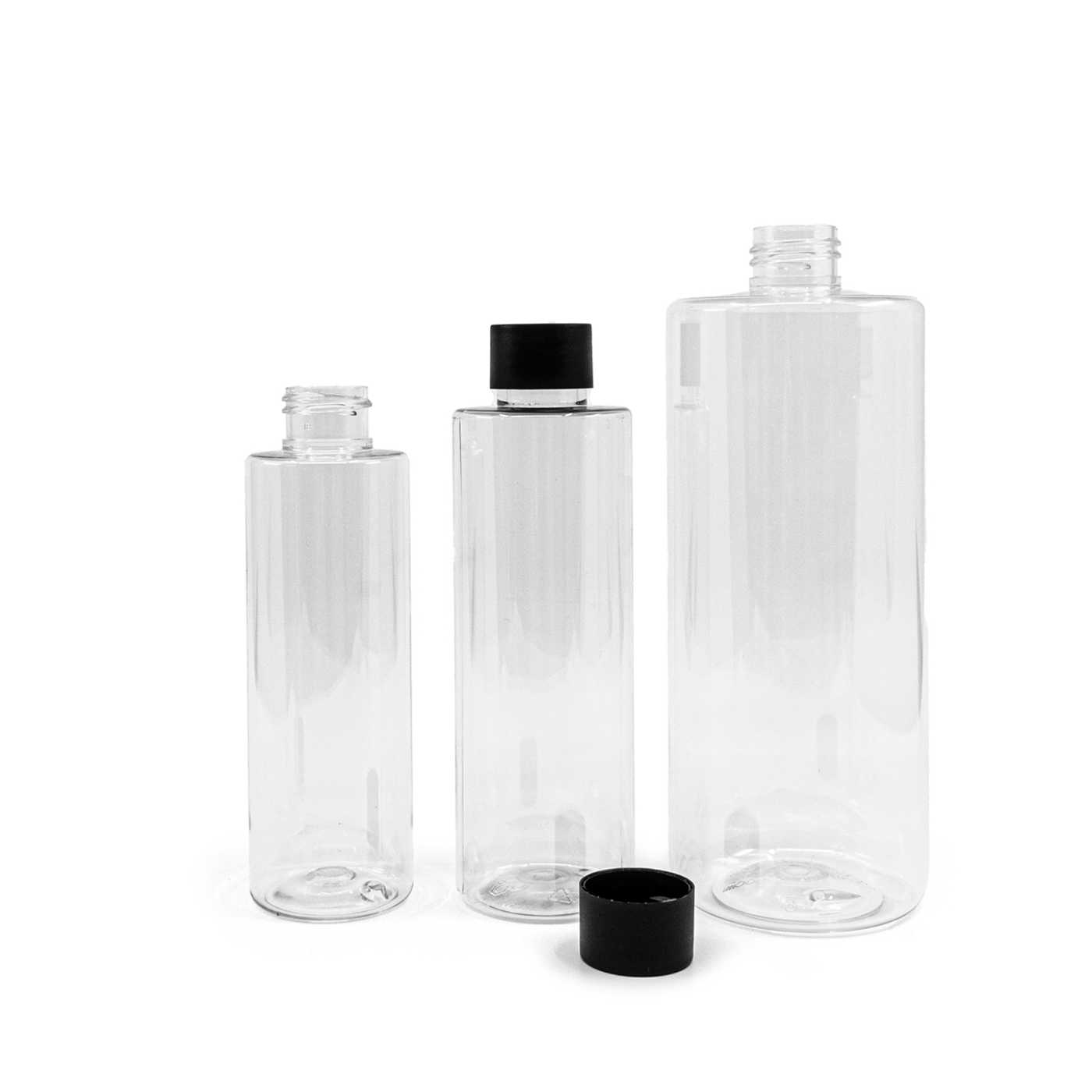 Bouteille en plastique transparente, 24/410, bouchon noir mat, 150 ml