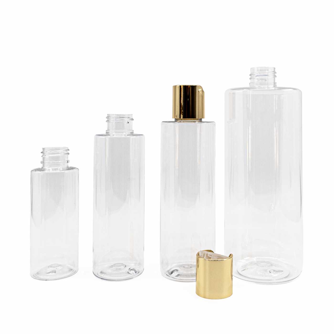 Bouteille en plastique transparente, bouchon disc-top doré, 150 ml