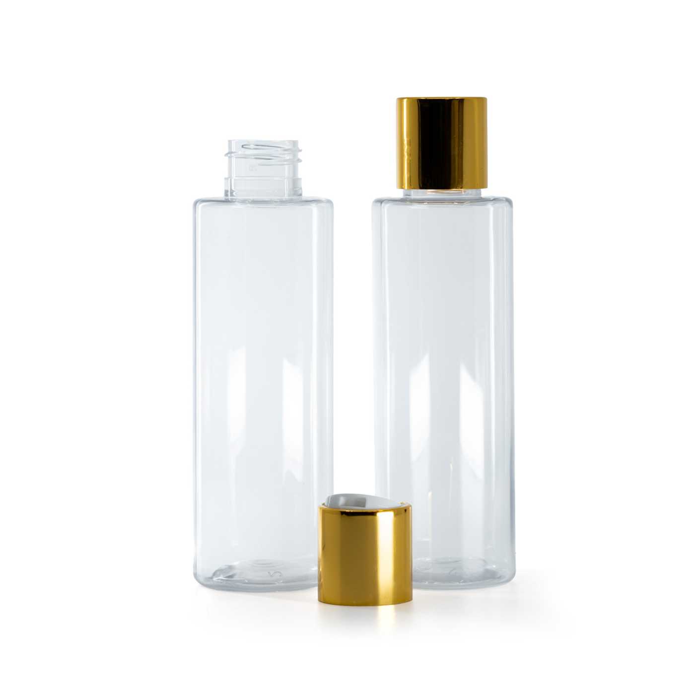 Flacon en plastique transparent, bouchon disc-top doré, centre blanc, 150 ml