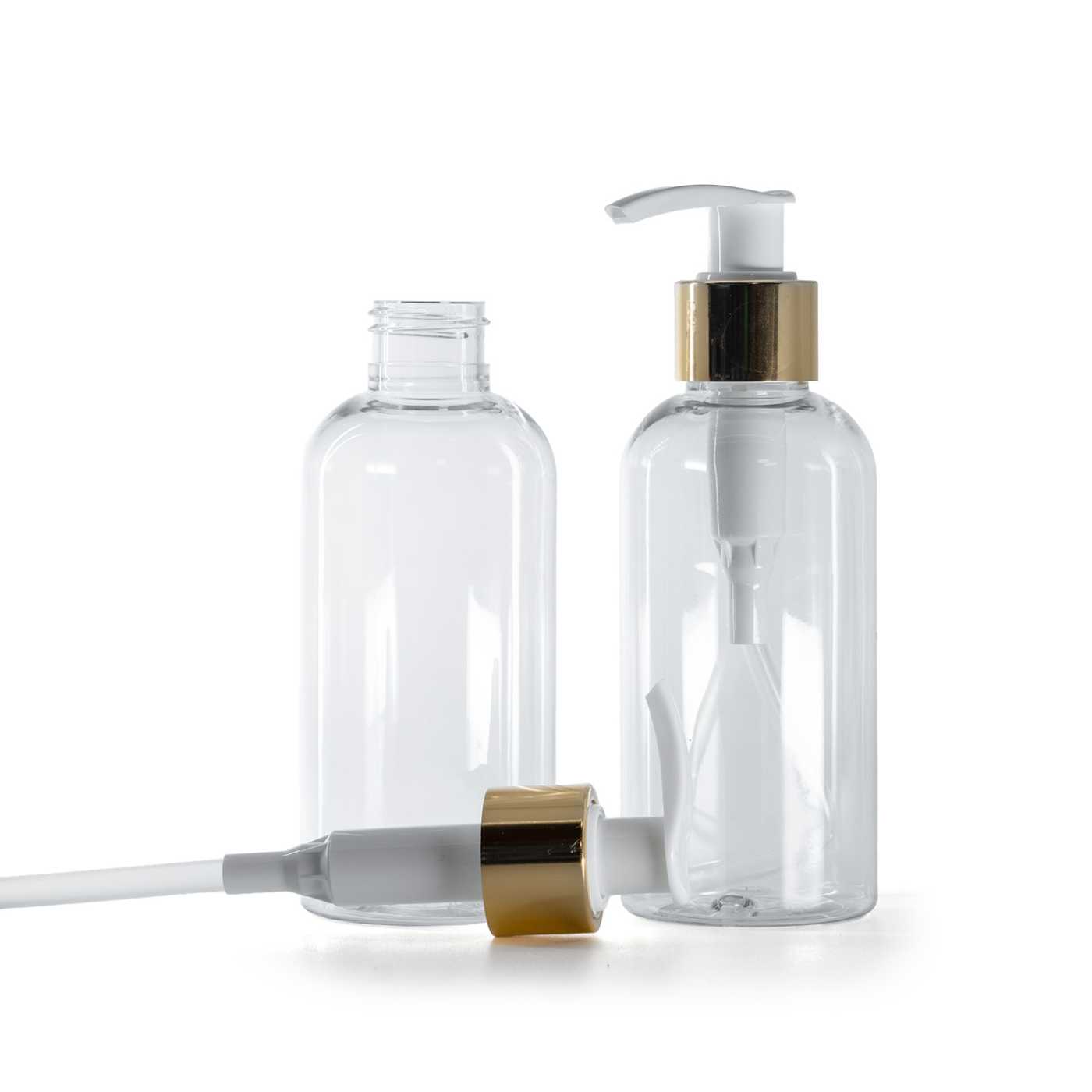 Műanyag palack, átlátszó, kék, fehér pumpa fényes arany gallérral, 150 ml