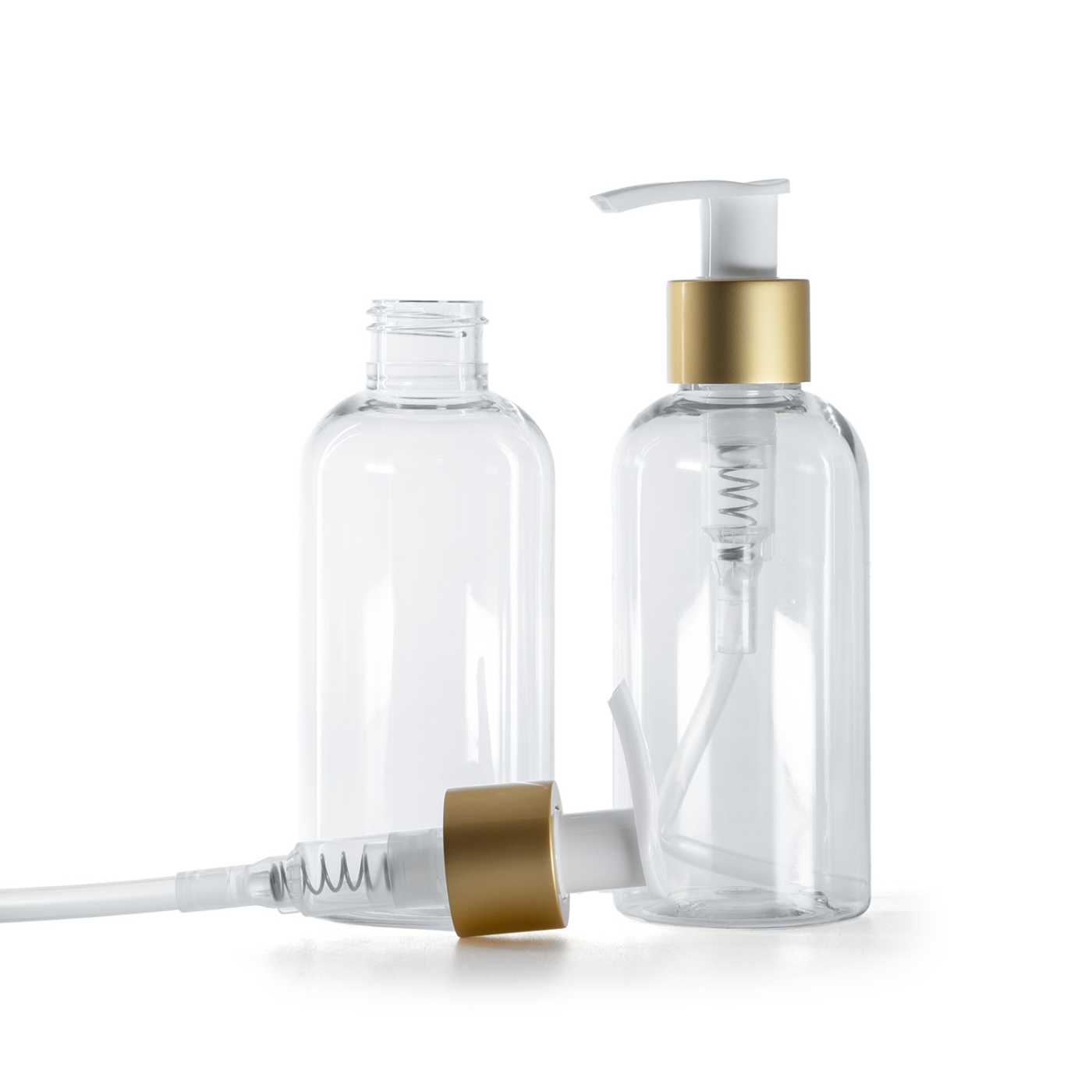 Flacon en plastique transparent, rond, pompe lotion blanche avec col doré mat, 150 ml