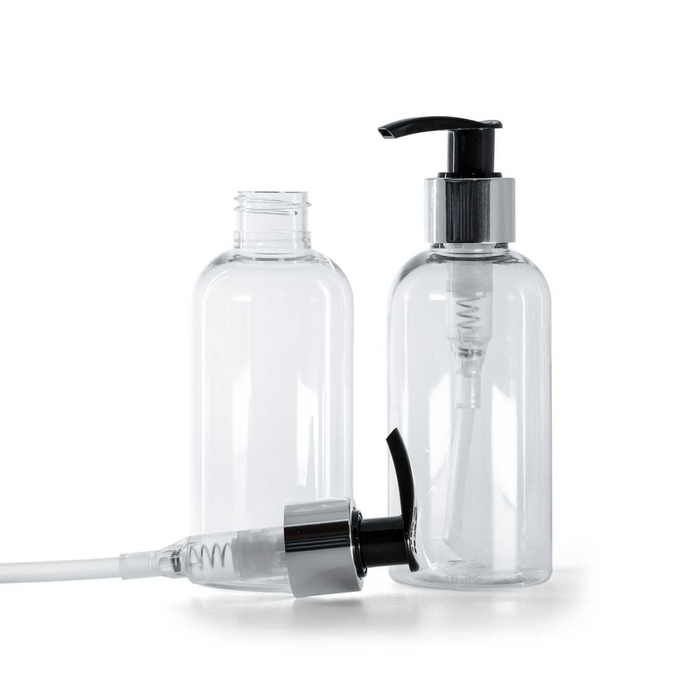 Bouteille en plastique transparente, ronde, distributeur noir et argenté, 150 ml