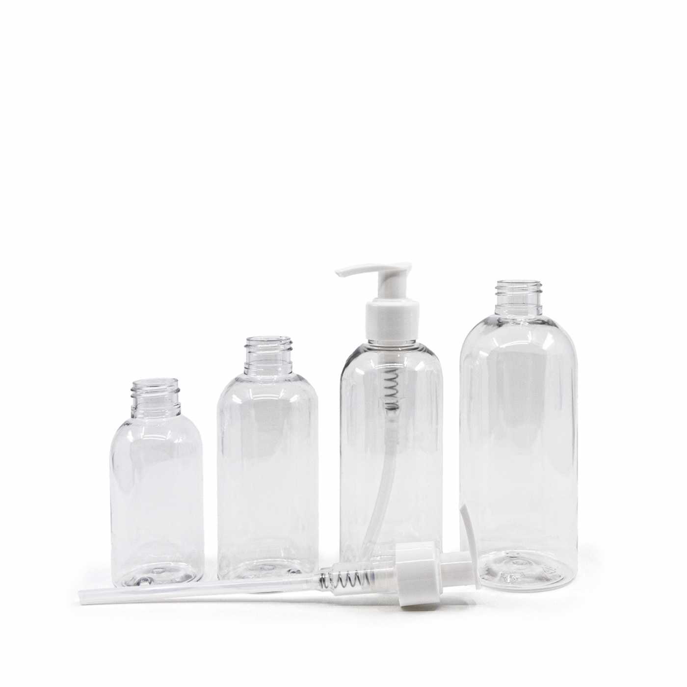 Bouteille en plastique ronde, transparente, pompe blanche, 150 ml