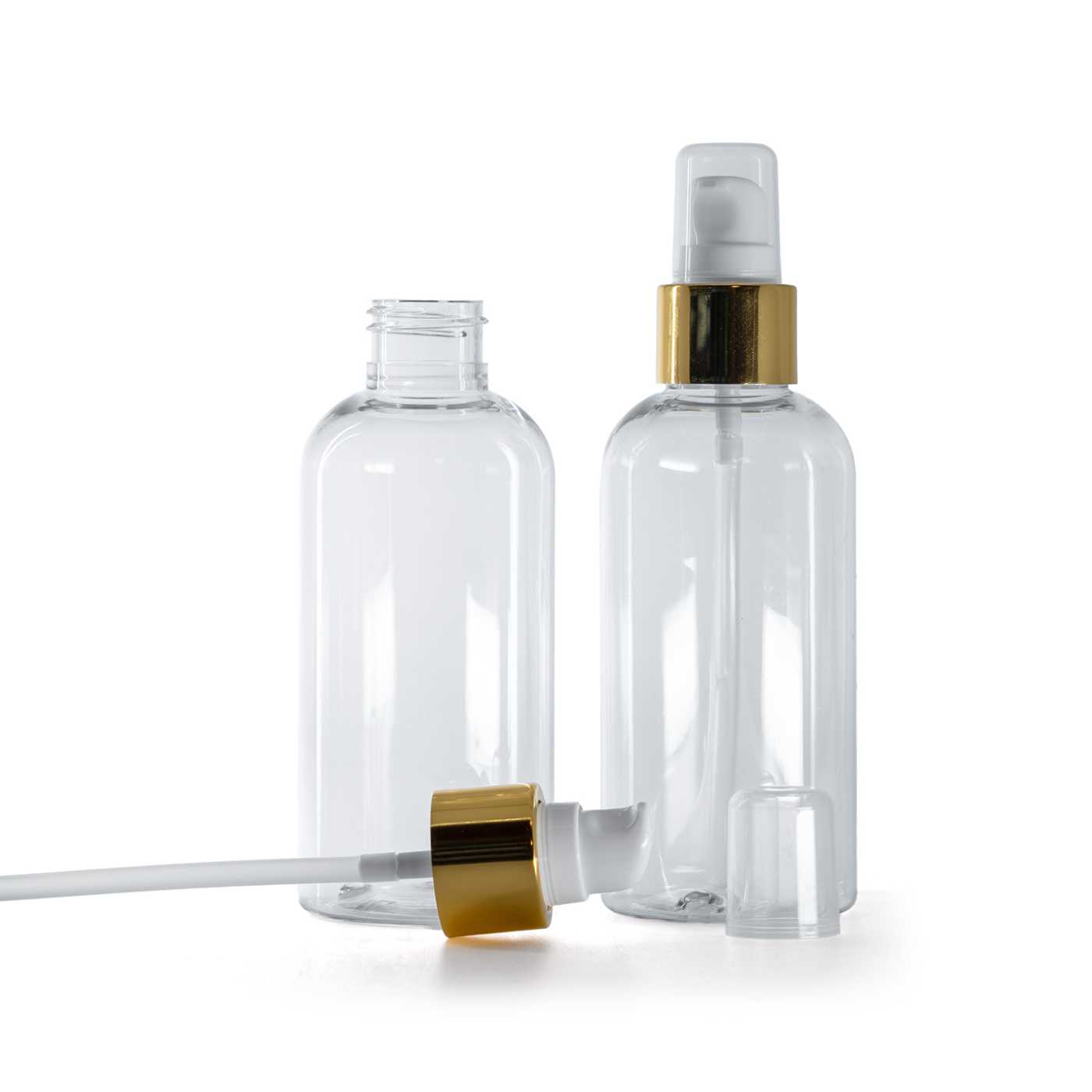 Flacon en plastique transparent rond, distributeur blanc et or avec surcapuchon, 150 ml