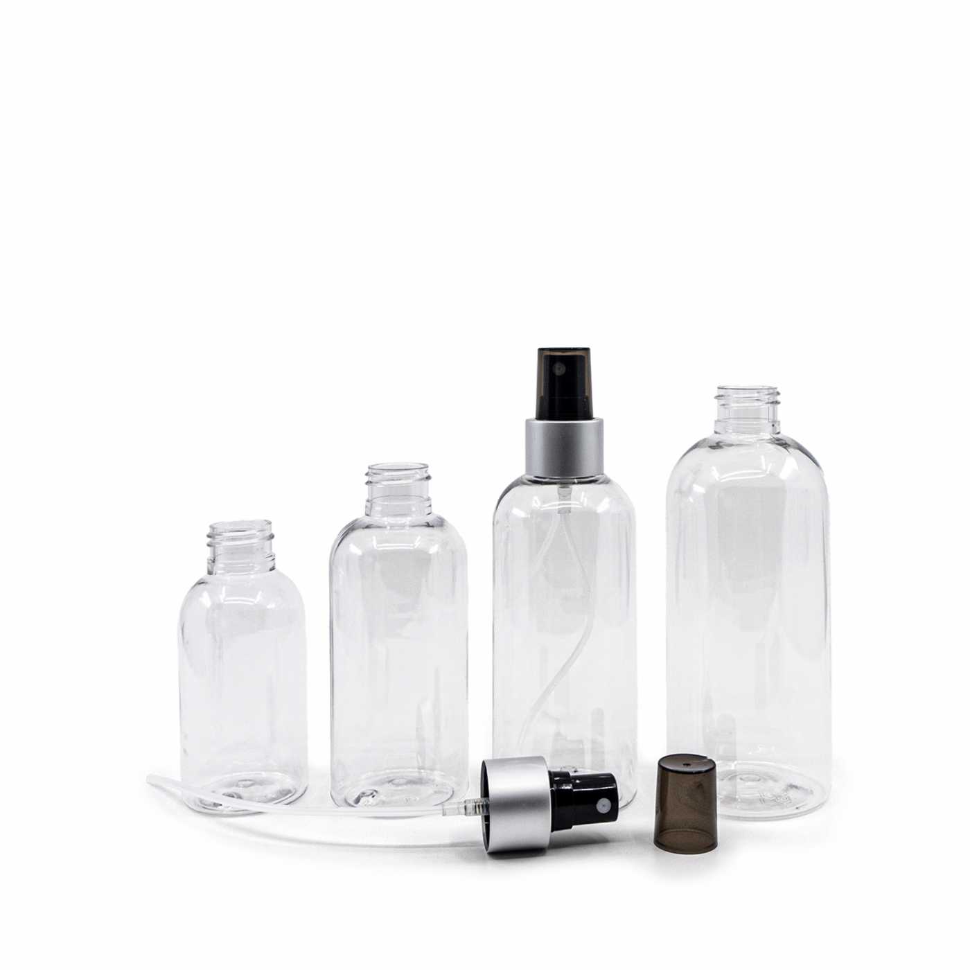 Műanyag palack, átlátszó, fekete szórófej, matt ezüst gyűrű, 150 ml