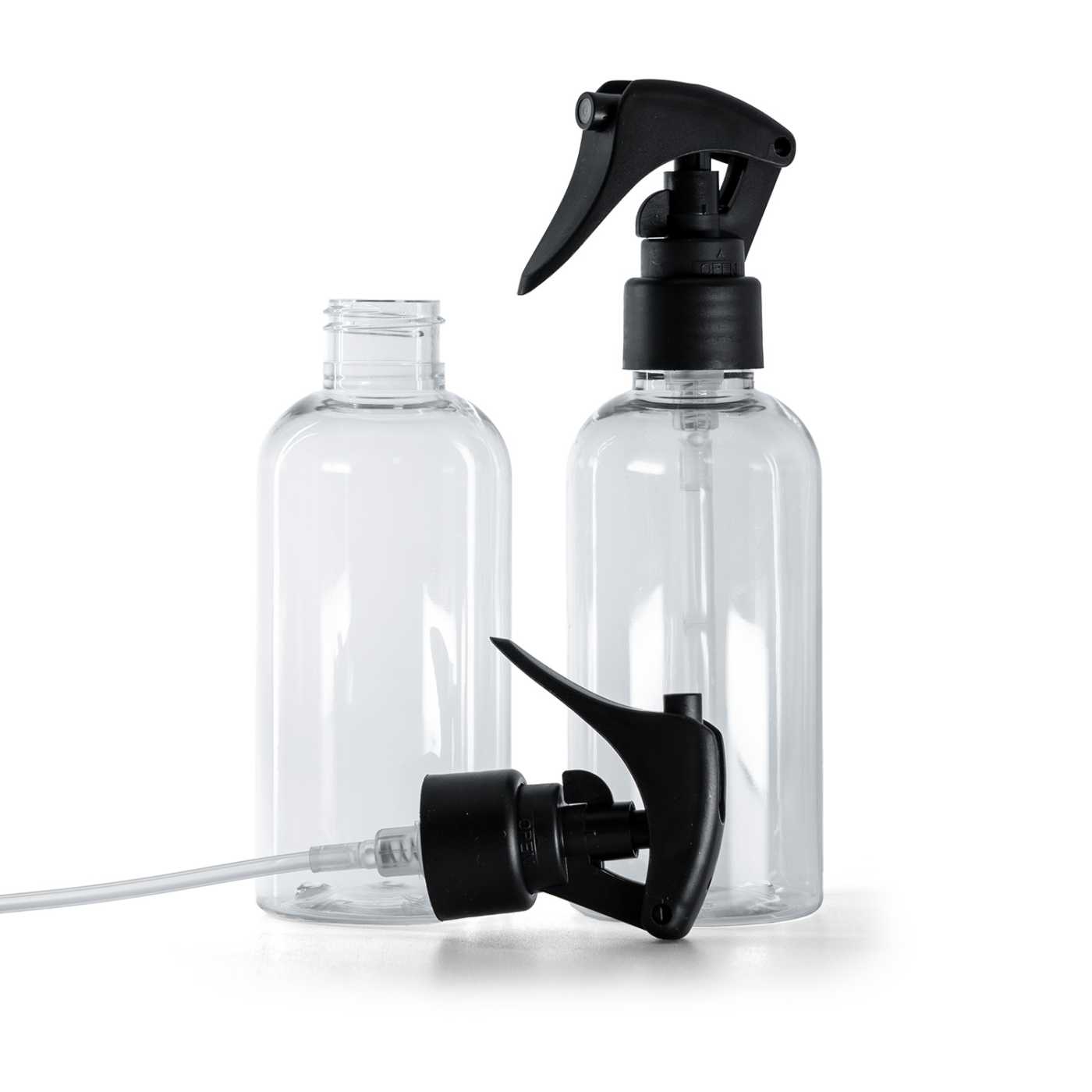 Bouteille en plastique transparente, pulvérisateur à gâchette noir mat, bague lisse, 150 ml