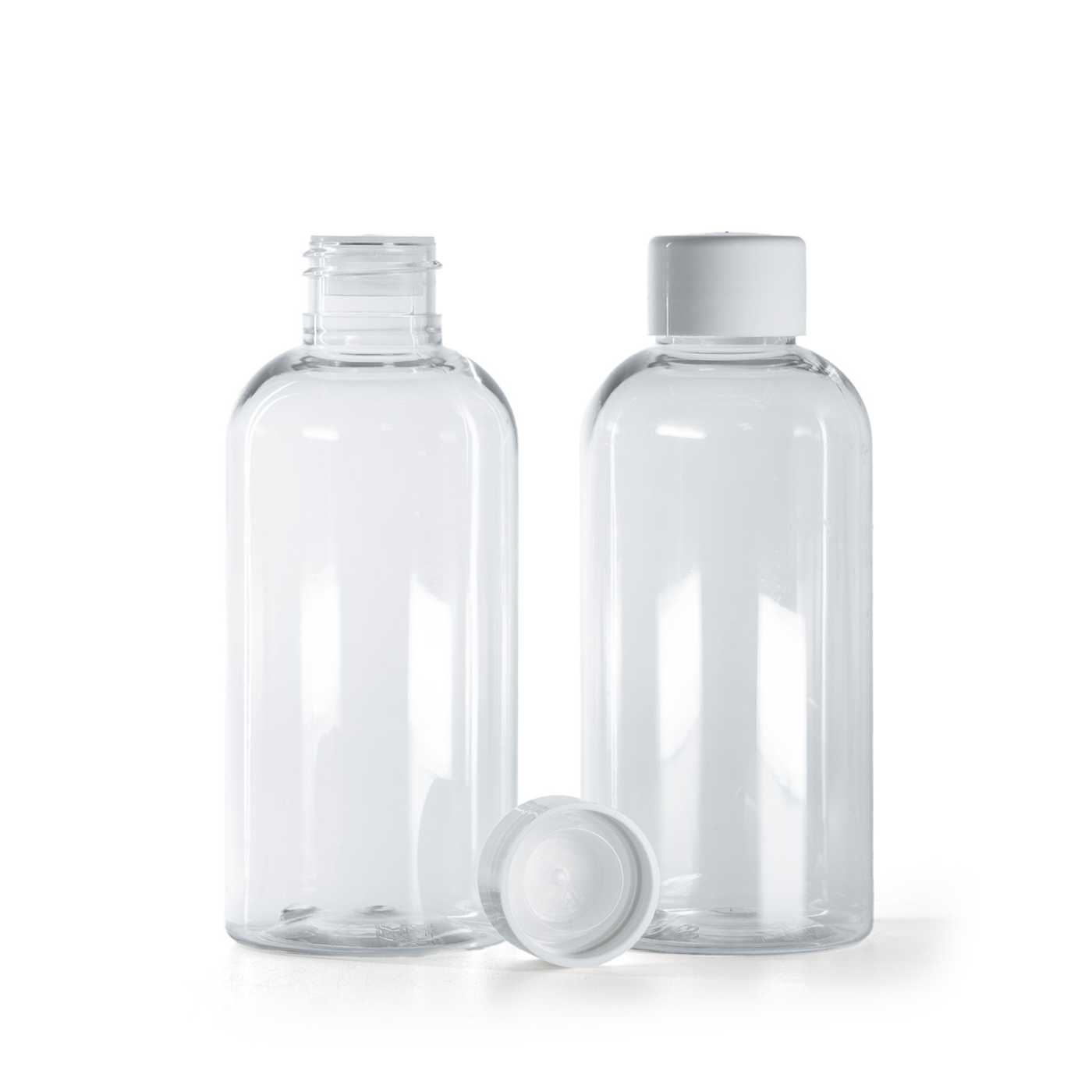 Bouteille en plastique ronde, transparente, 150 ml, bouchon blanc lisse avec réducteur