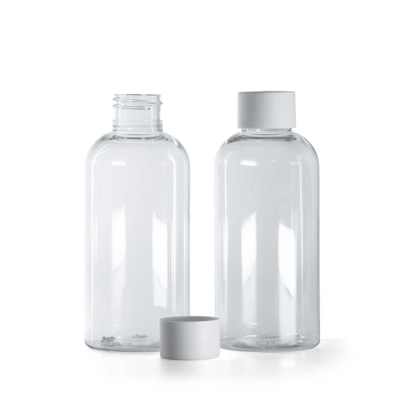 Műanyag palack, átlátszó, matt fehér kupak, 150 ml