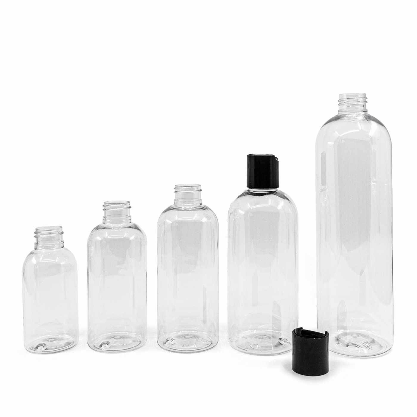 Butelka plastikowa przezroczysta okrągła, disc top czarny, 150 ml