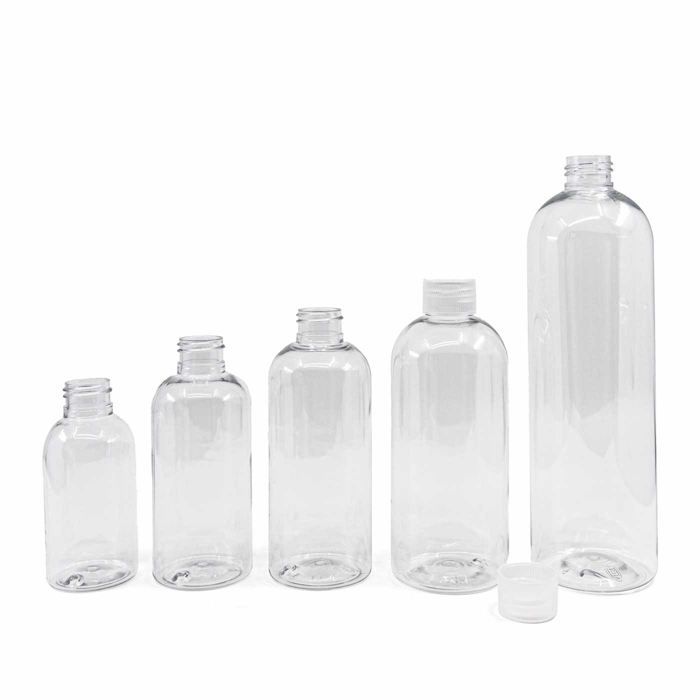 Flacon en plastique transparent, rond, bouchon transparent, 150 ml