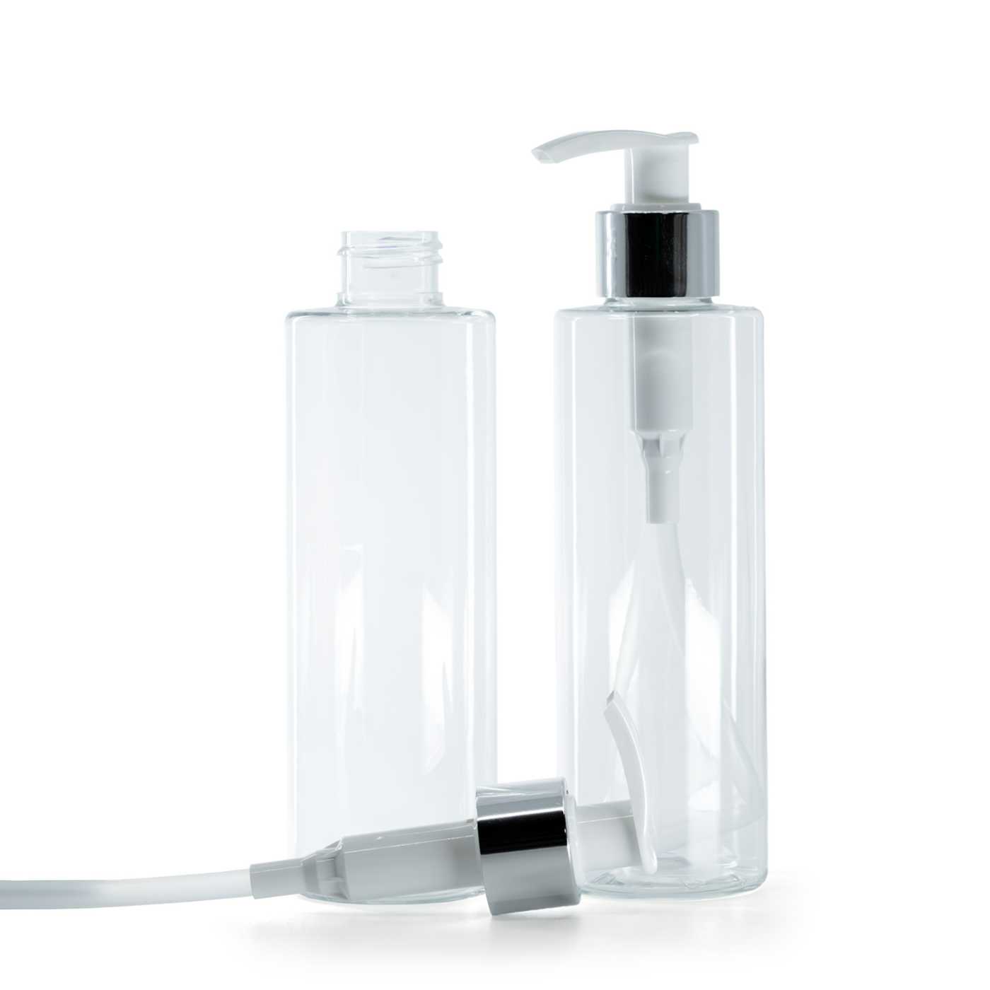 Bouteille en plastique transparente, distributeur blanc avec bague argentée brillante, 200 ml