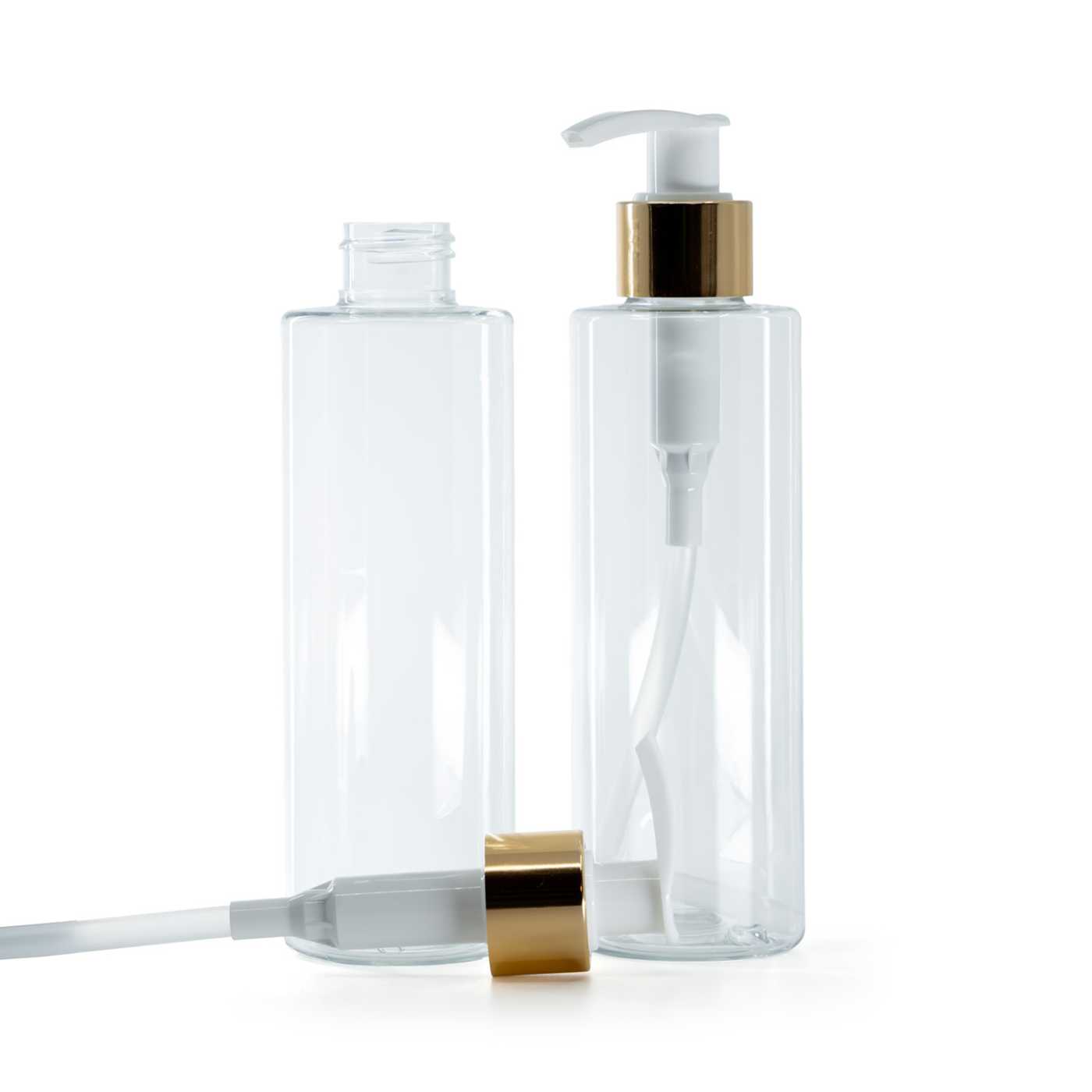 Flacon en plastique transparent, pompe blanche avec collerette dorée lisse, 200 ml