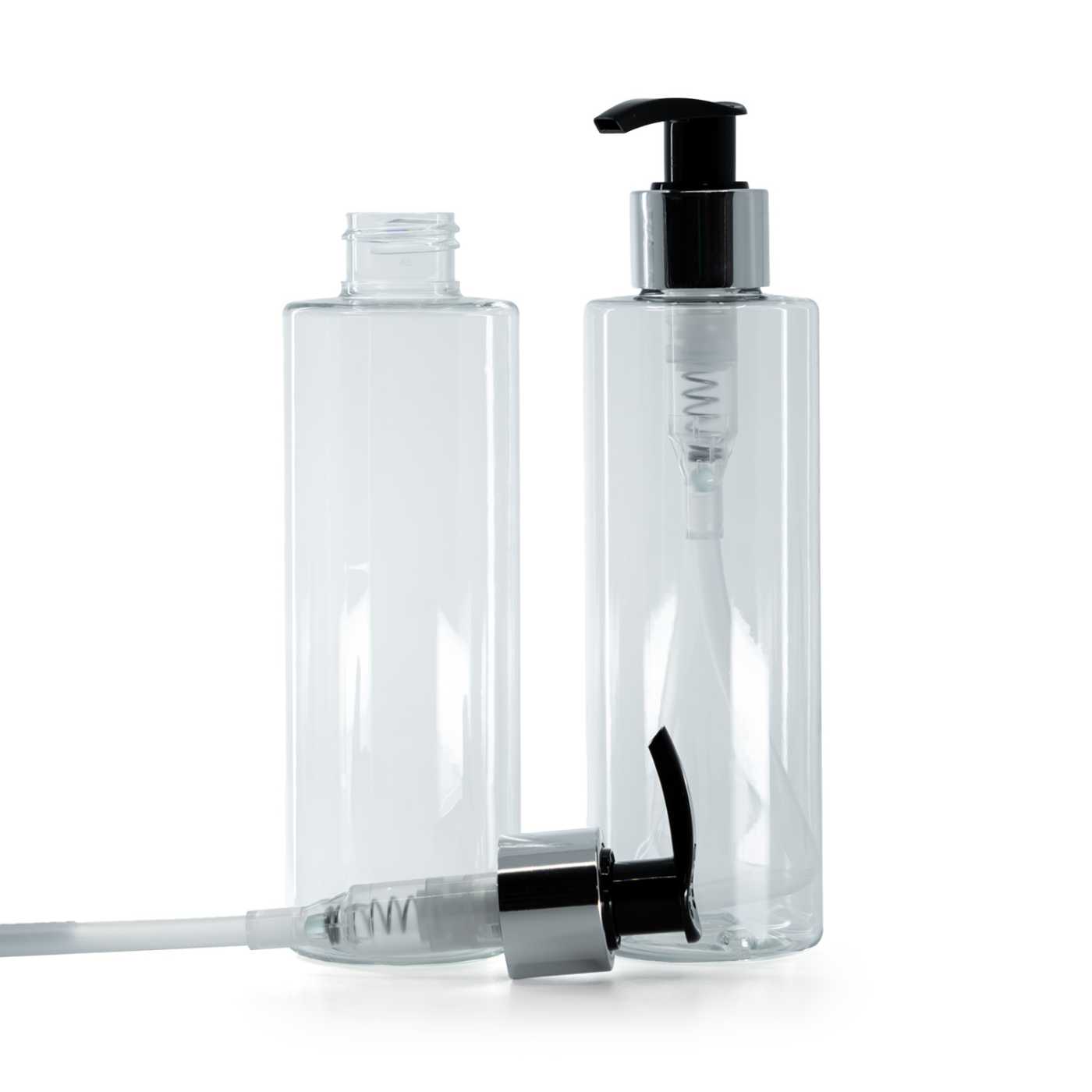 Bouteille en plastique transparente, distributeur noir et argenté, 200 ml