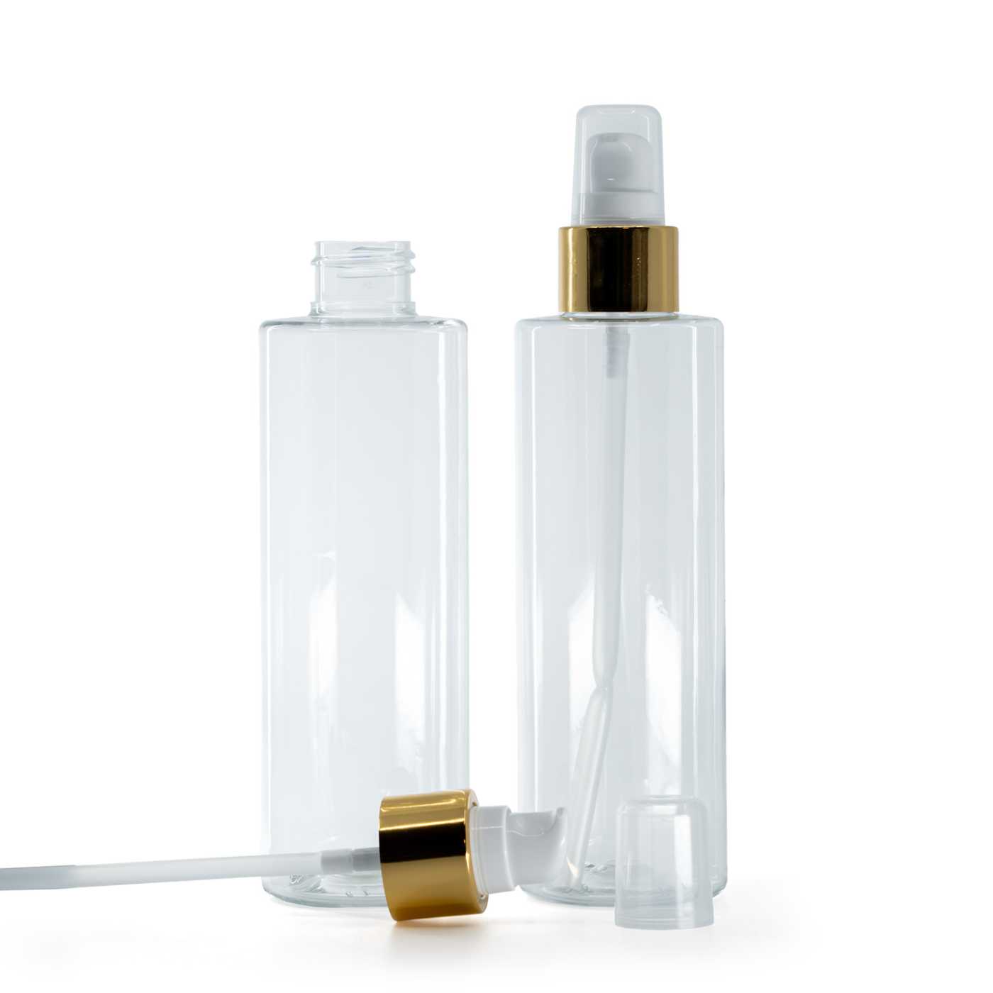 Flacon en plastique transparent, distributeur blanc avec surcapuchon, doré, 200 ml