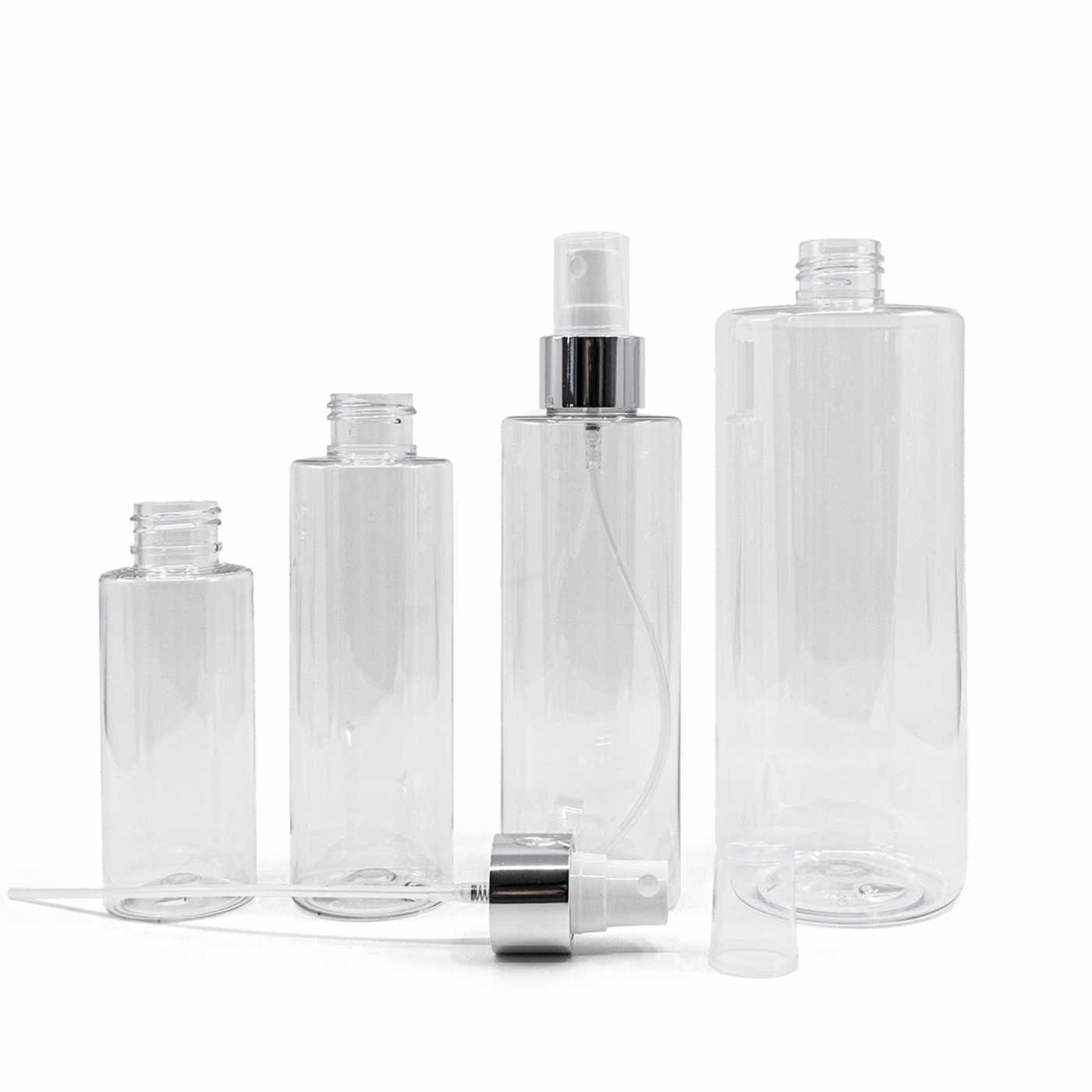 Átlátszó műanyag palack, fehér szórófej, fényes ezüst gyűrű, 200 ml