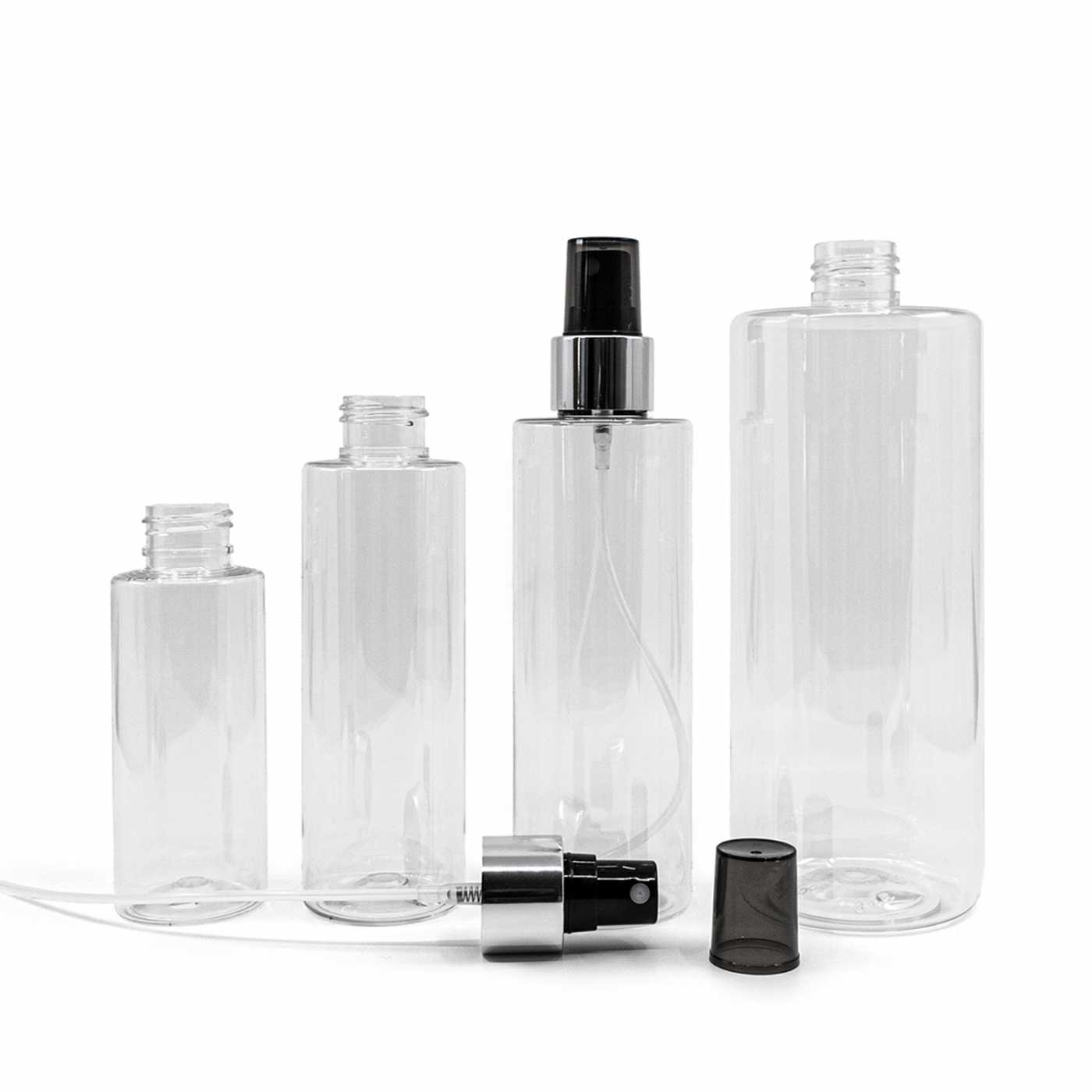 Flacon en plastique transparent, spray brume fine noir, bague argentée brillante, 200 ml