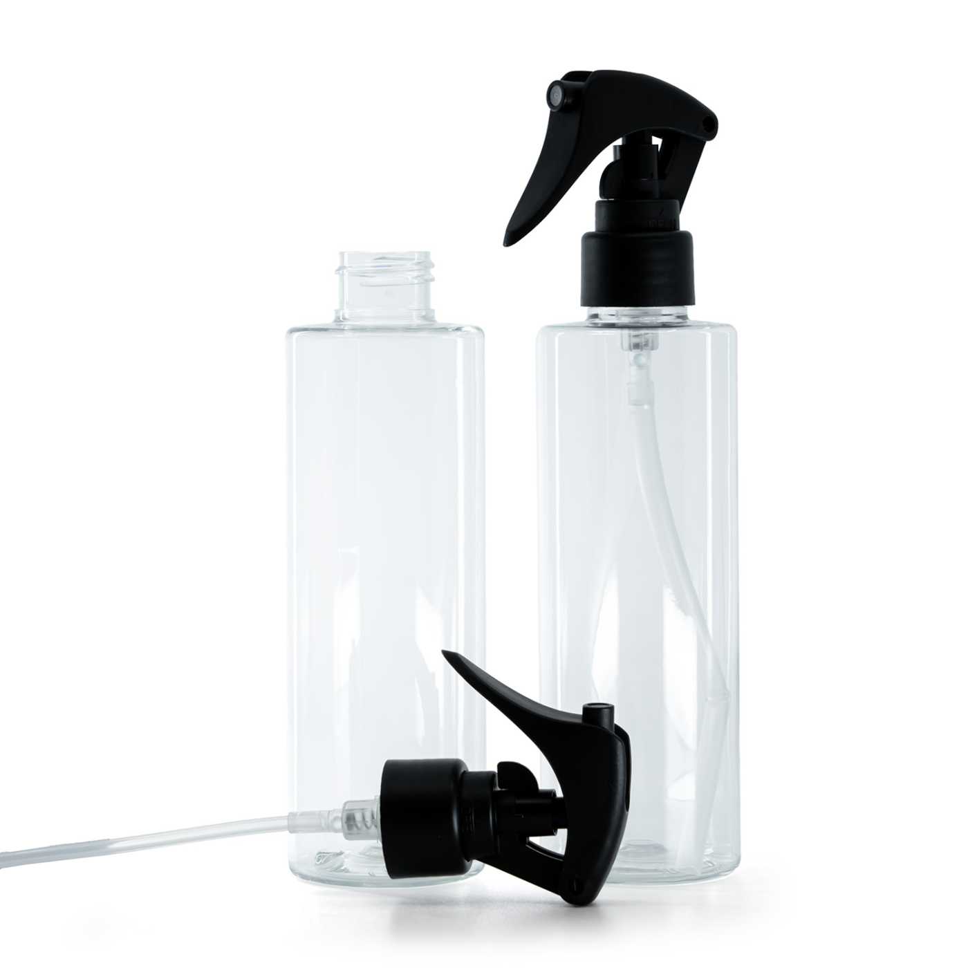 Bouteille en plastique transparente, pulvérisateur à gâchette noir mat, bague lisse, 200 ml