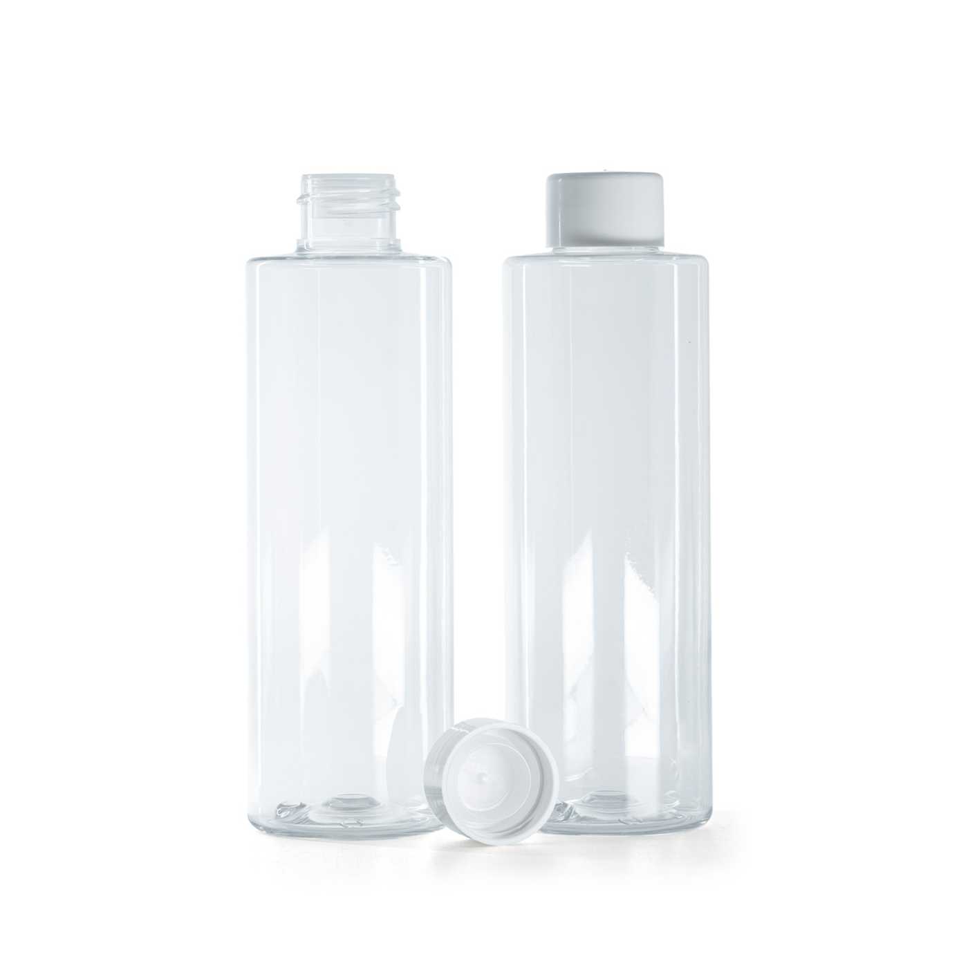 Bouteille en plastique transparente, bouchon blanc lisse avec réducteur, 200 ml