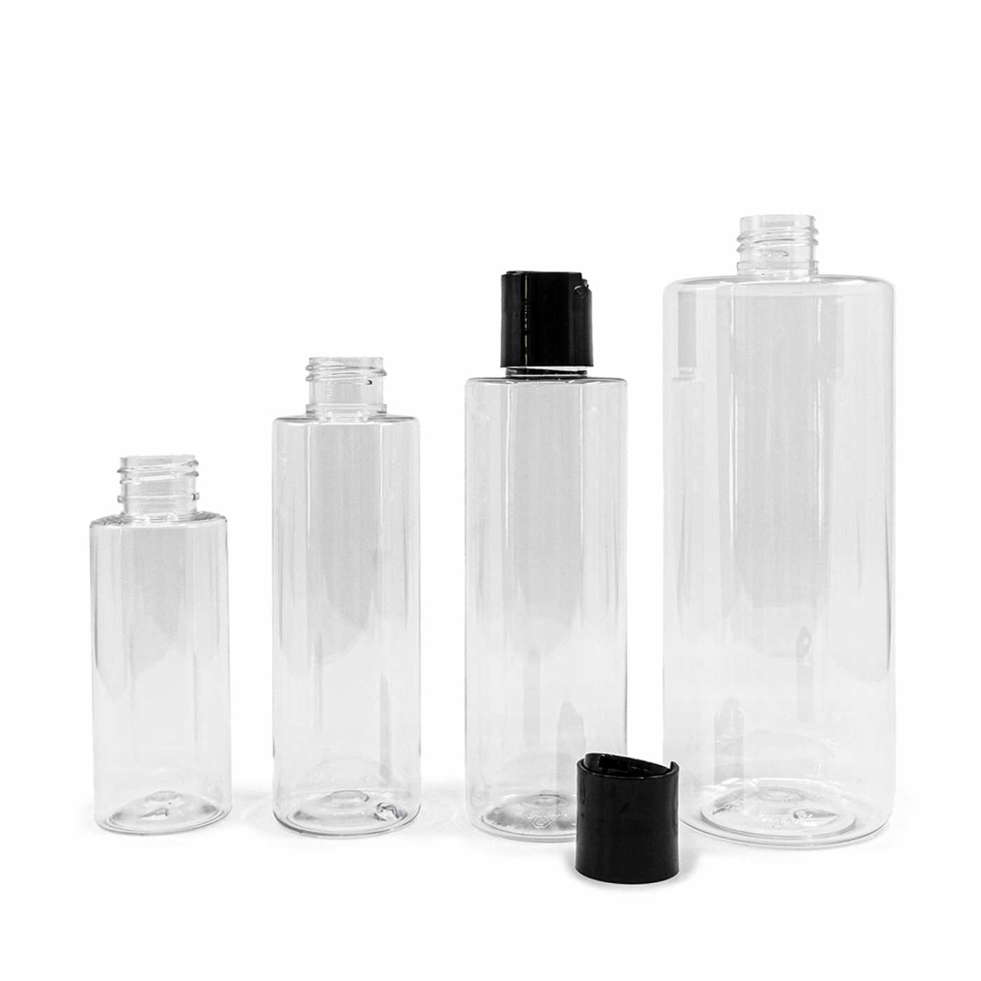 Bouteille en plastique transparente, bouchon disc-top noir, 200 ml