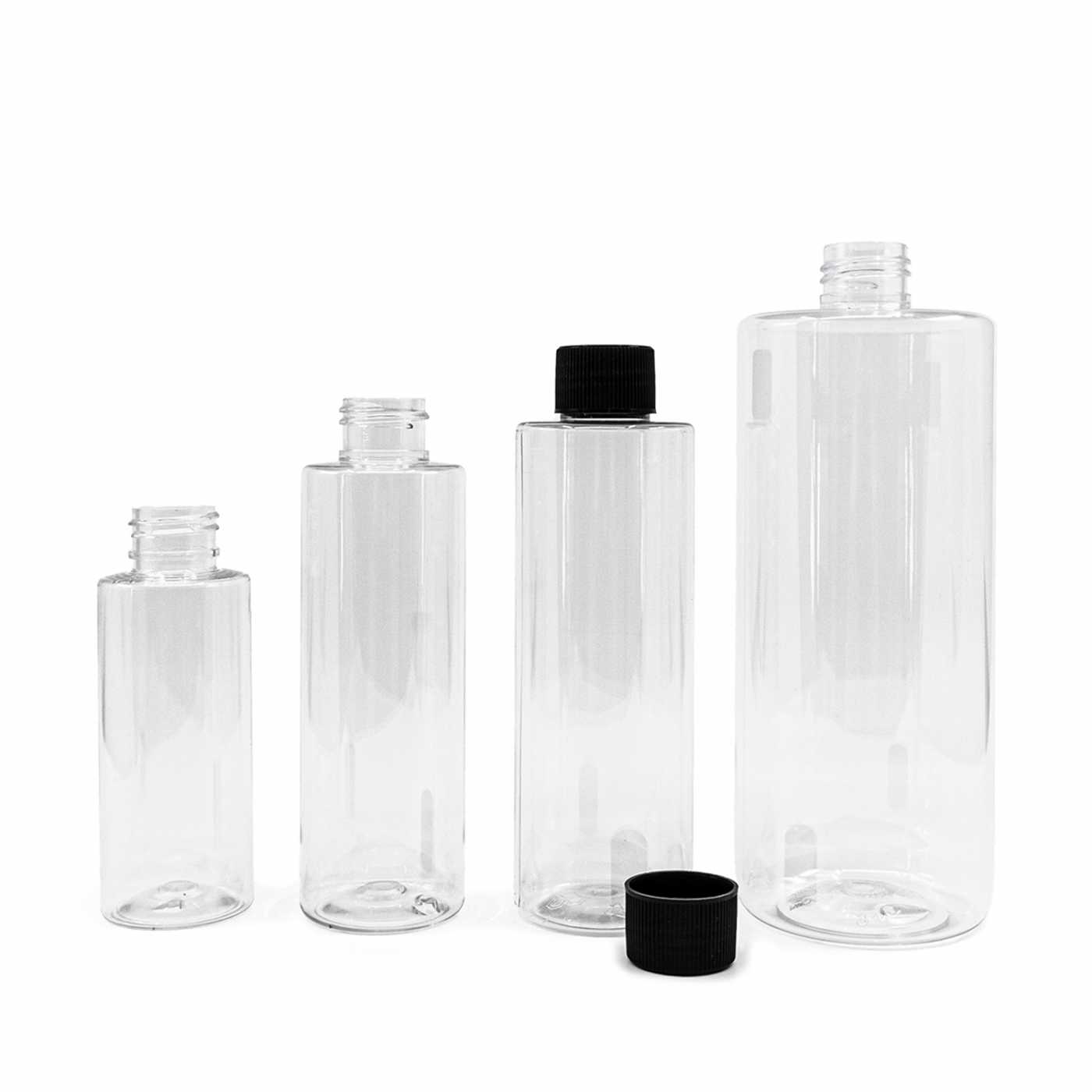 Bouteille en plastique transparente, 200 ml, bouchon noir rainuré