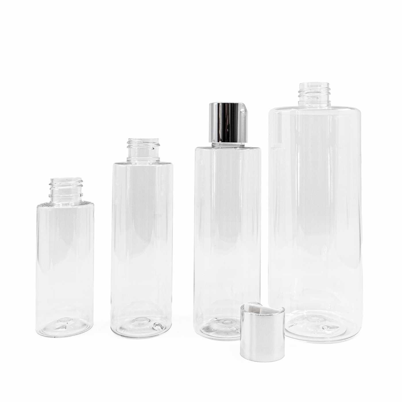 Bouteille en plastique transparente, 200 ml, bouchon disc-top argenté