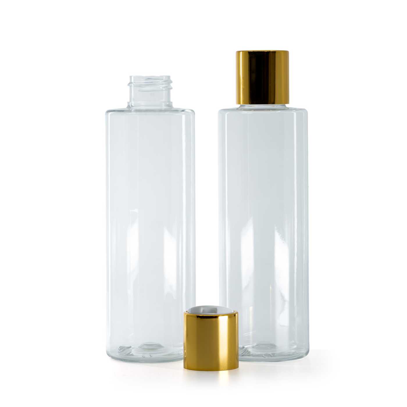 Bouteille en plastique transparente, bouchon disc-top doré avec insert blanc, 200 ml