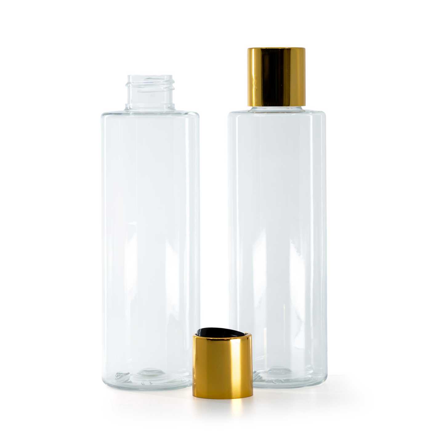 Átlátszó műanyag palack, fekete disc-top kupak arany alumínium gallérral, 200 ml