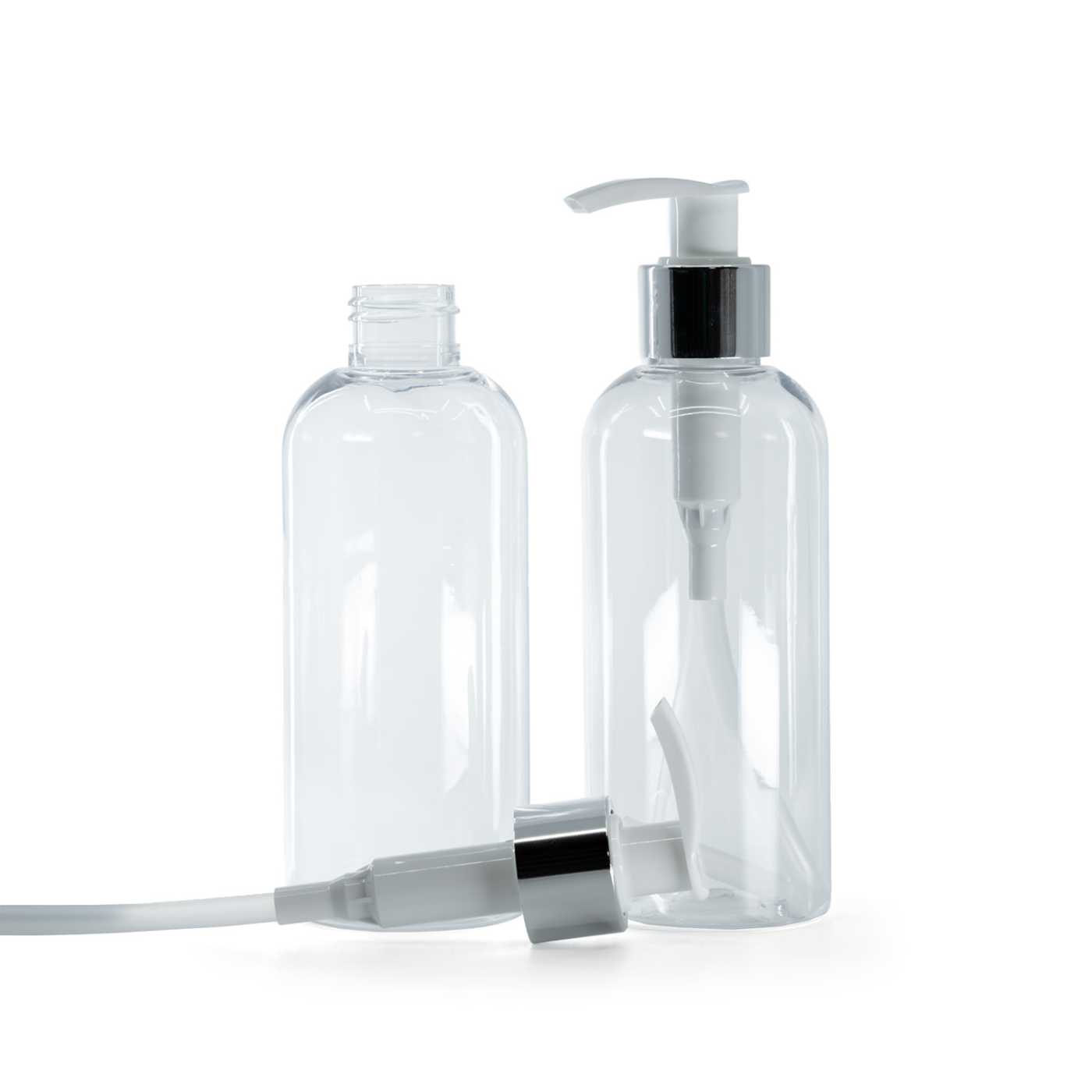 Átlátszó műanyag palack, fehér pumpa fényes ezüst gyűrűvel, 200 ml