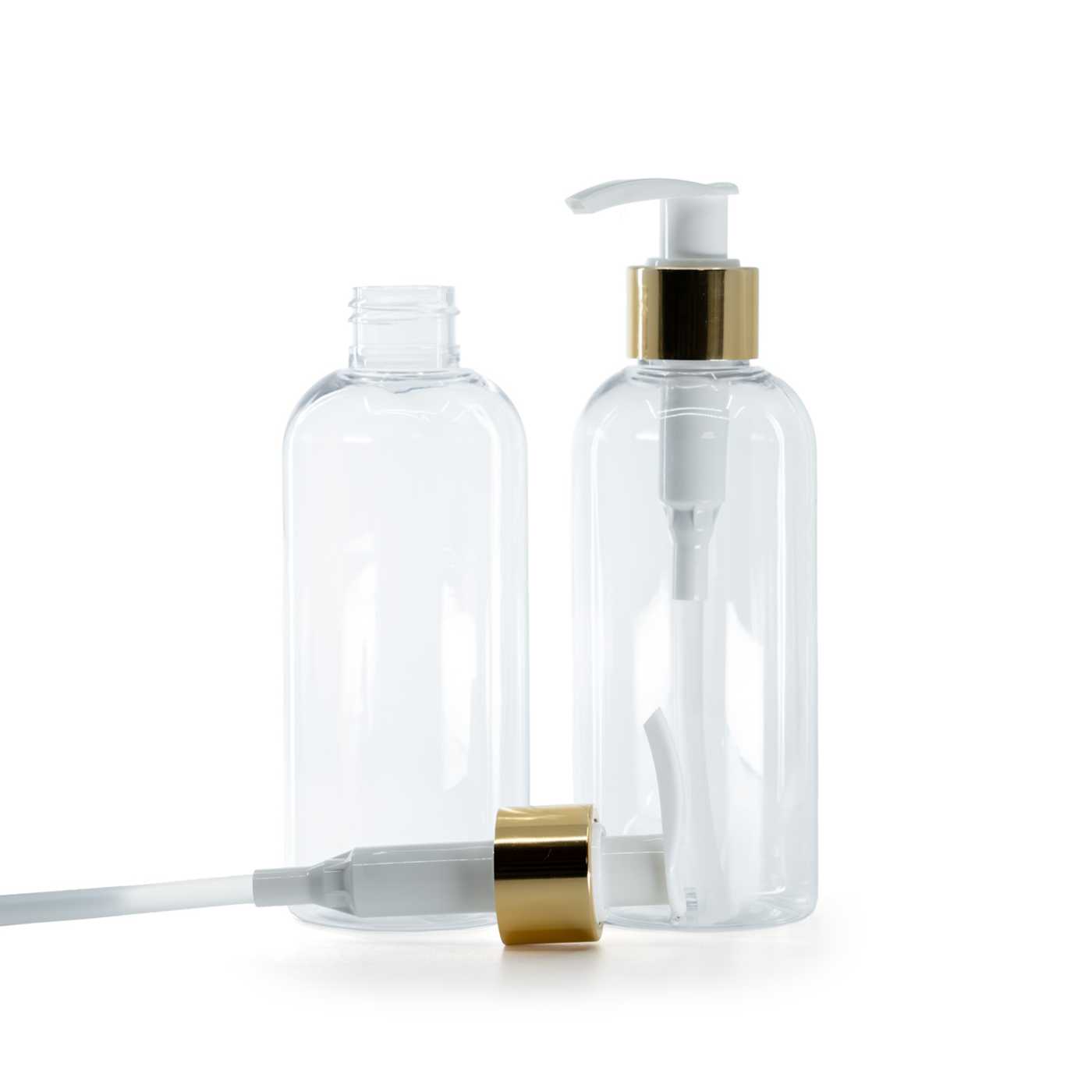 Átlátszó műanyag palack, fehér adagoló fényes arany gyűrűvel, 200 ml