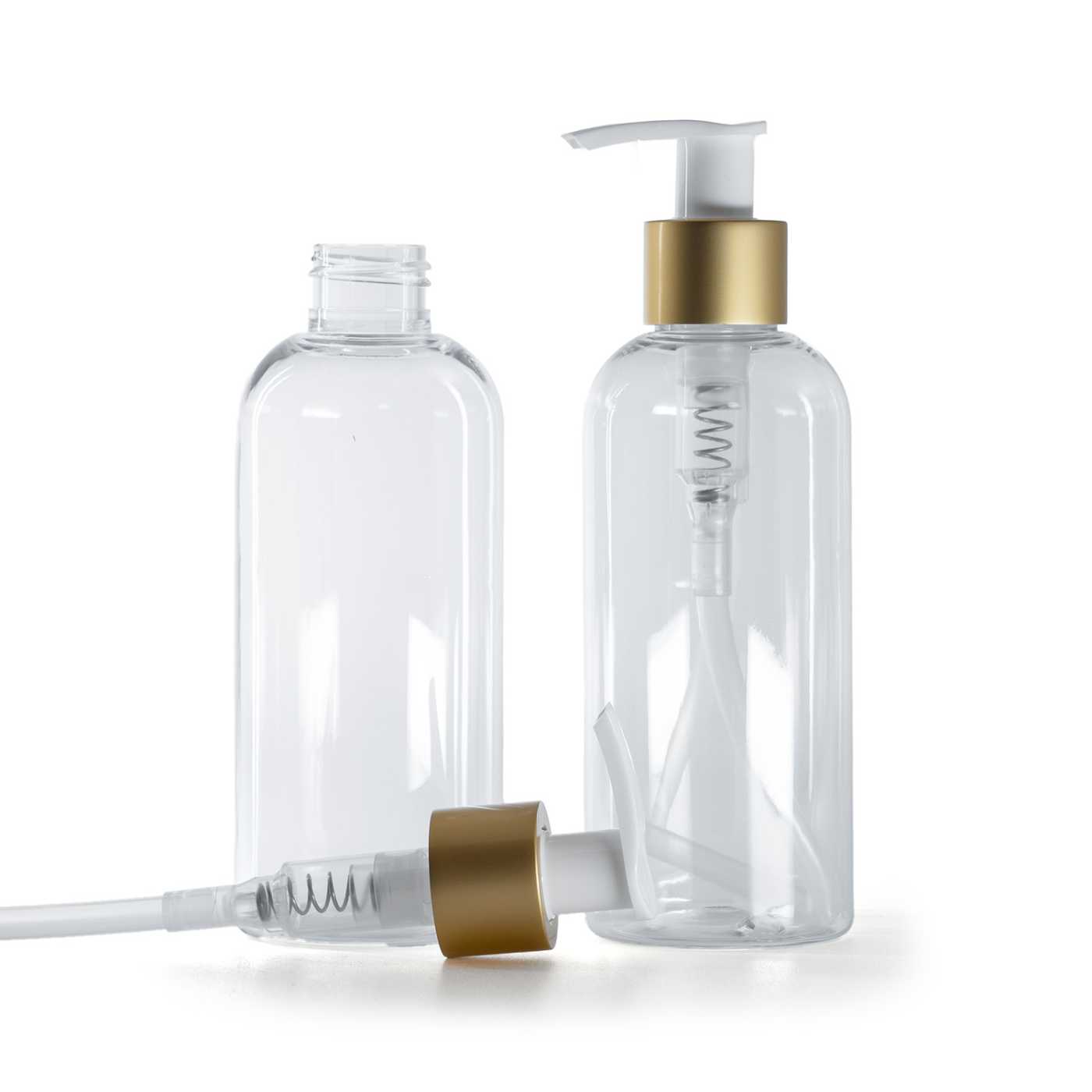 Kunststoffflasche, transparent, weißer Lotionpumpe mit mattgoldenem Ring, 200 ml