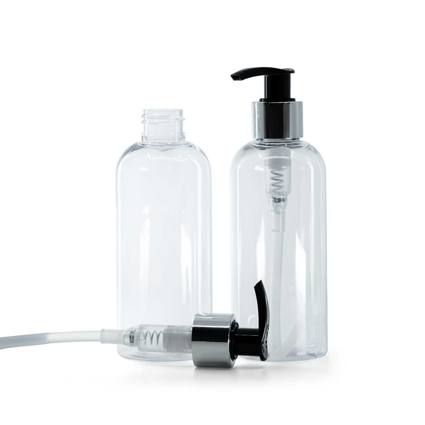 Kunststoffflasche, transparent, schwarz-silberner Dispenser, 200 ml