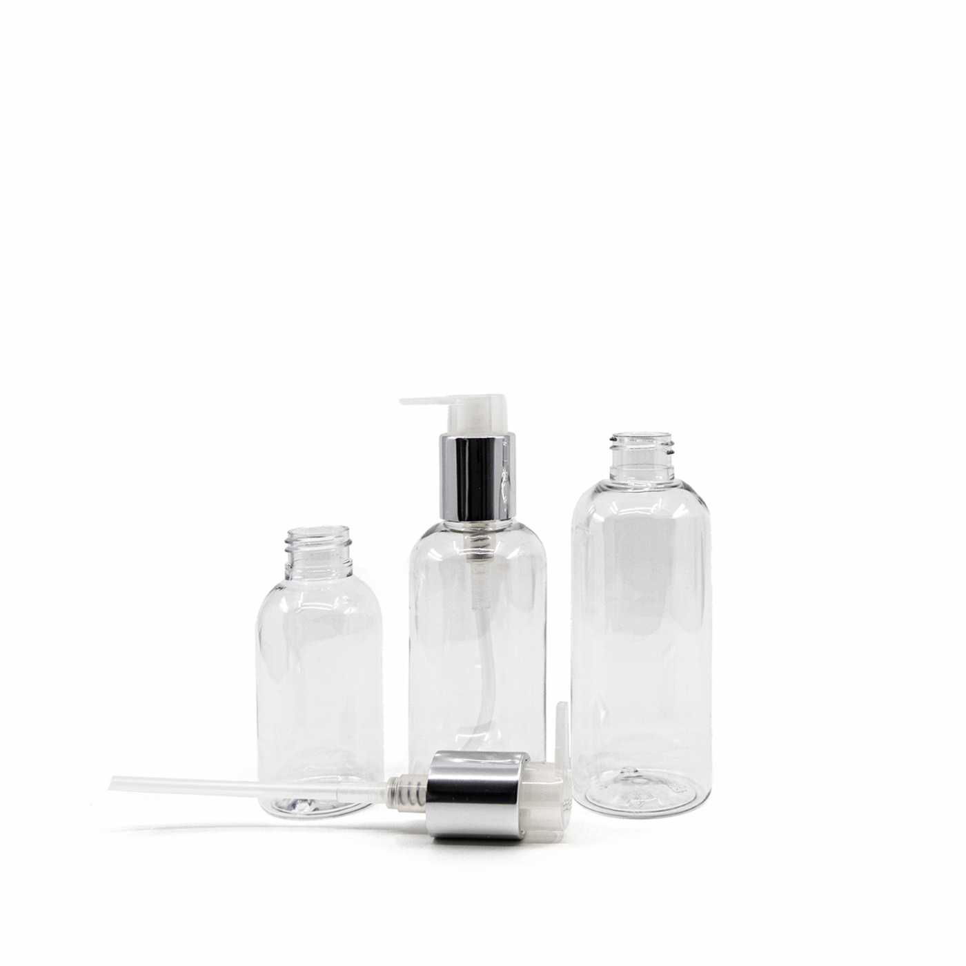 Átlátszó műanyag palack, ezüst adagoló, 200 ml