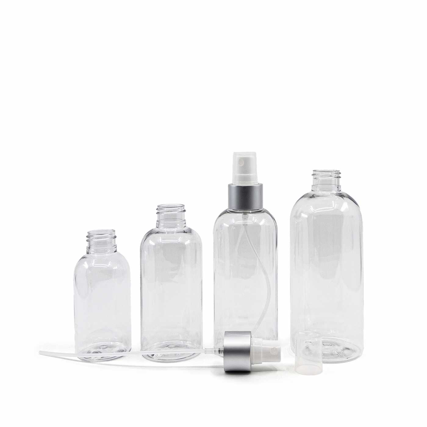 Átlátszó műanyag palack, fehér finompermetező, matt ezüst gyűrű, 200 ml