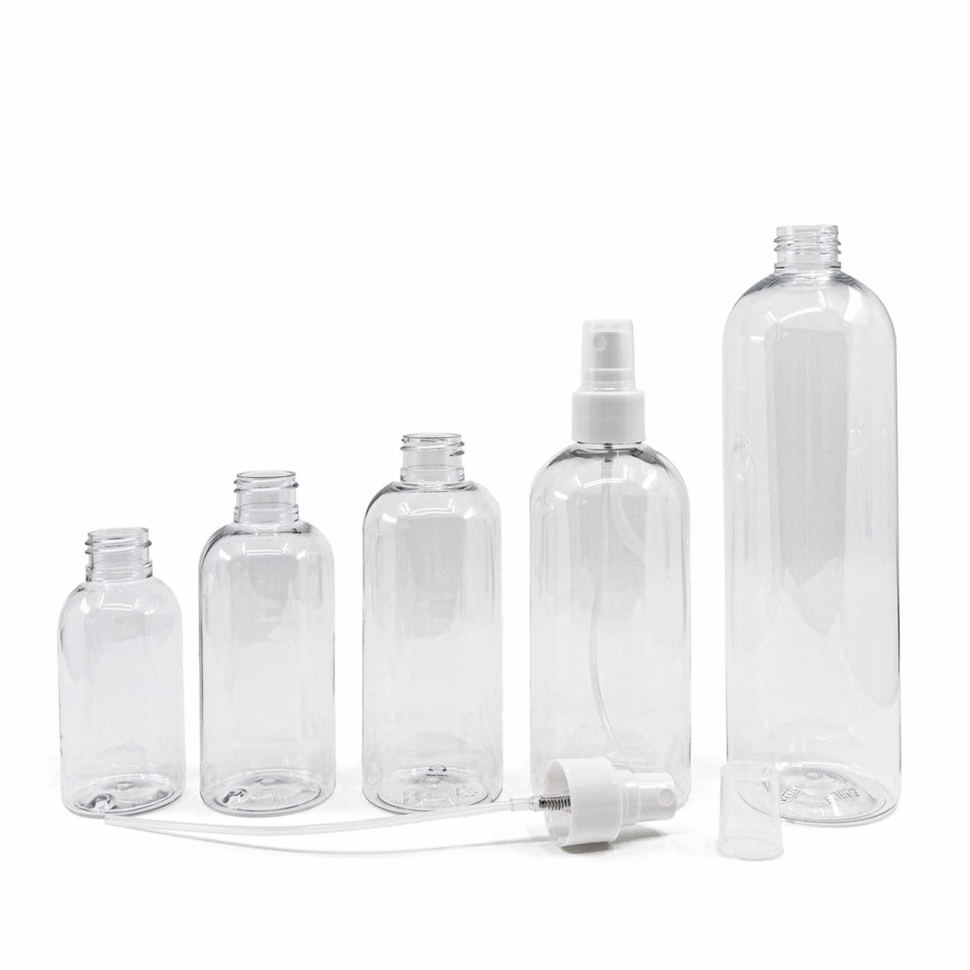 Átlátszó műanyag palack, fehér finompermetező, 200 ml