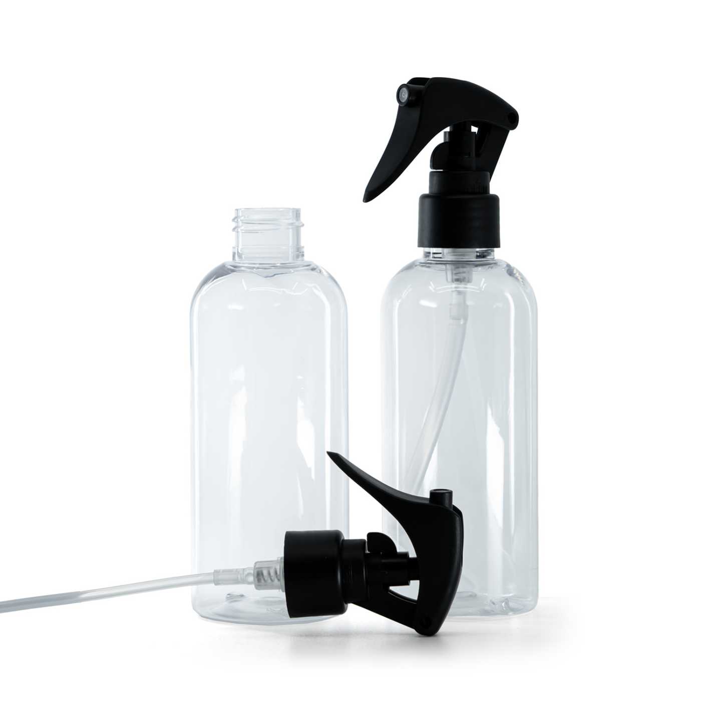 Flacon en plastique transparent, pulvérisateur à gâchette noir mat, bague lisse, 200 ml