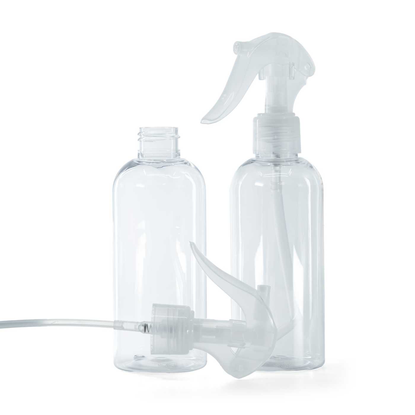 Kunststoffflasche, transparent, rund, transparenter Triggersprüher, 200 ml