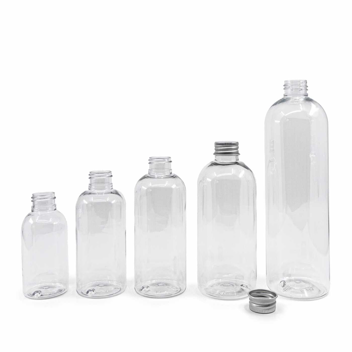 Átlátszó műanyag palack, 200 ml, ezüst alumínium kupak