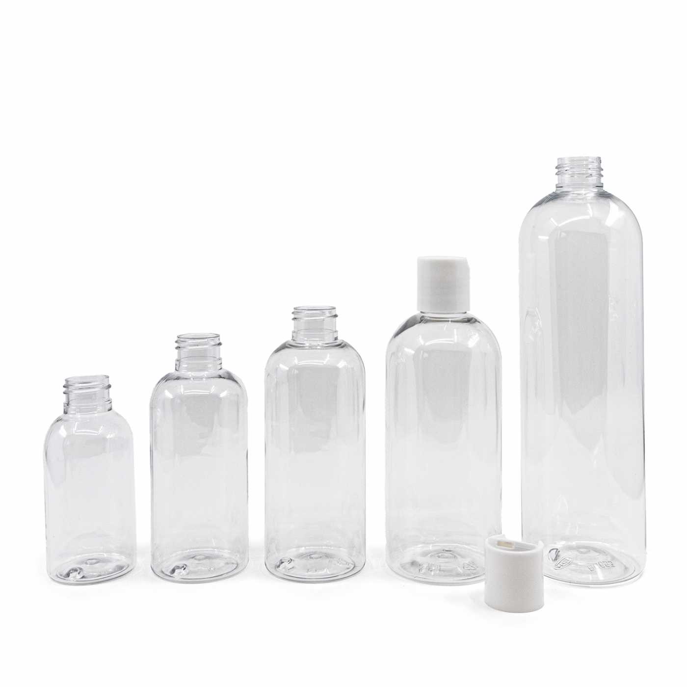 Kunststoffflasche, transparent, weißer Disc-Top-Verschluss, rund, 200 ml