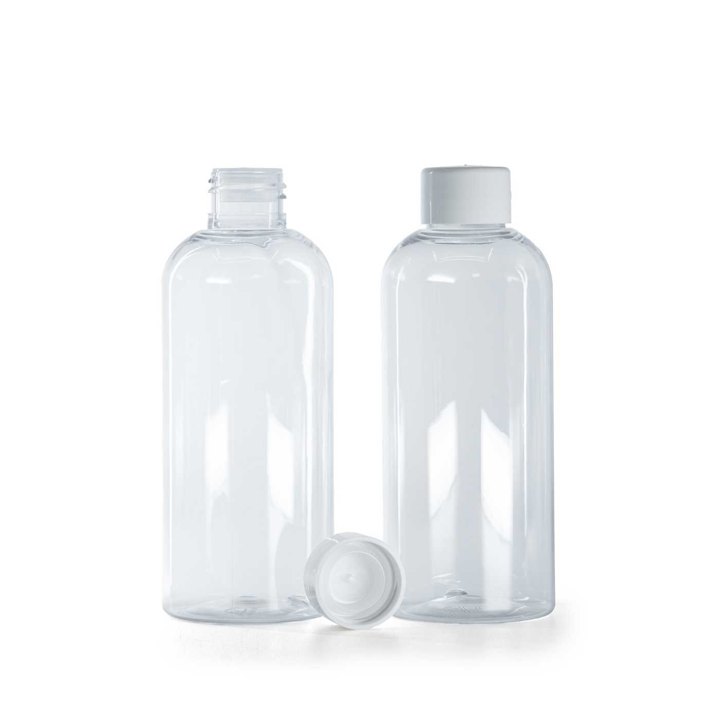 Átlátszó műanyag palack, 200 ml, sima fehér kupak szűkítővel