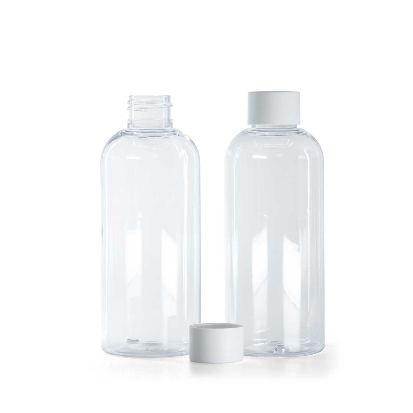 Butelka plastikowa przezroczysta okrągła, nakrętka biała matowa, 200 ml