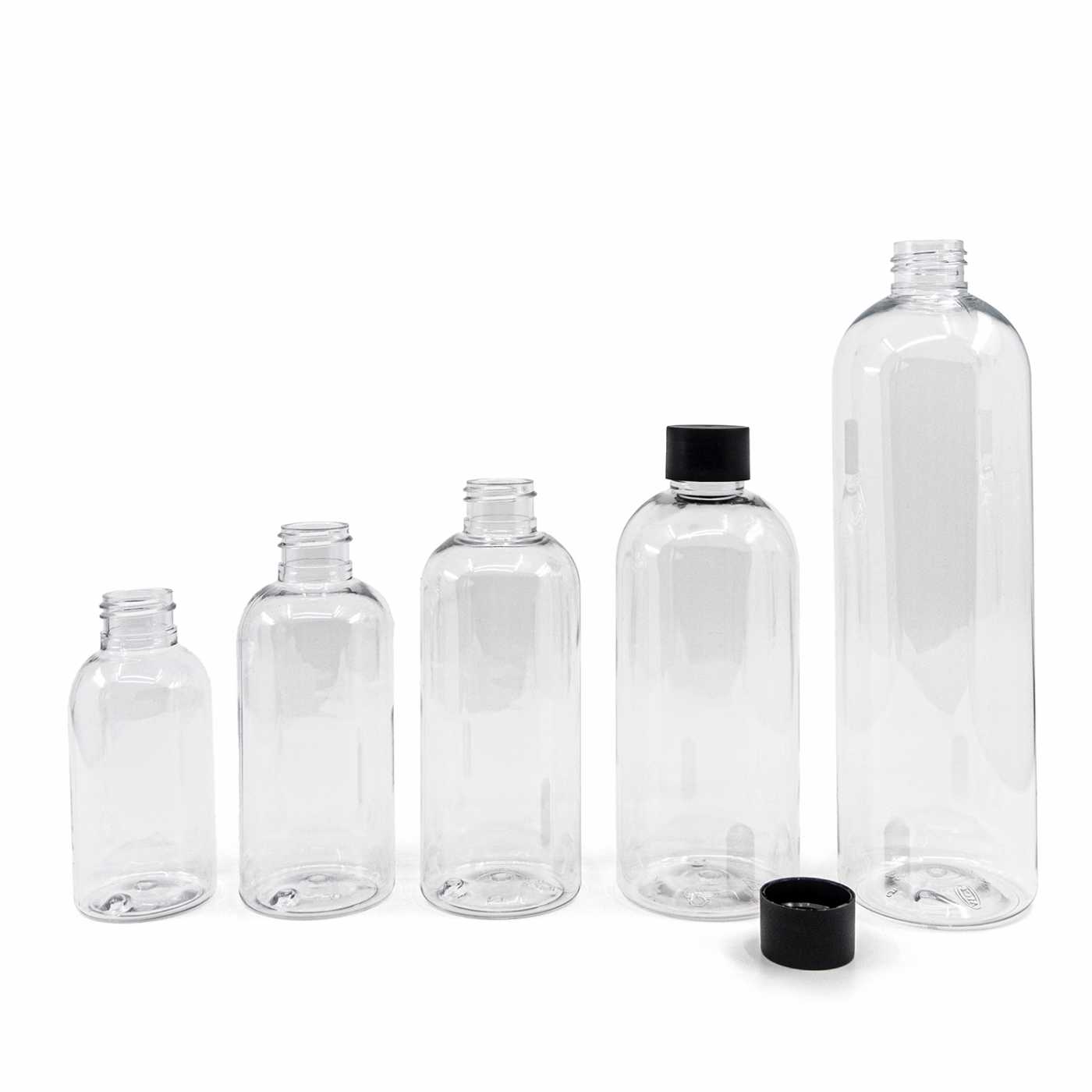 Átlátszó műanyag palack, 200 ml, fekete kupak