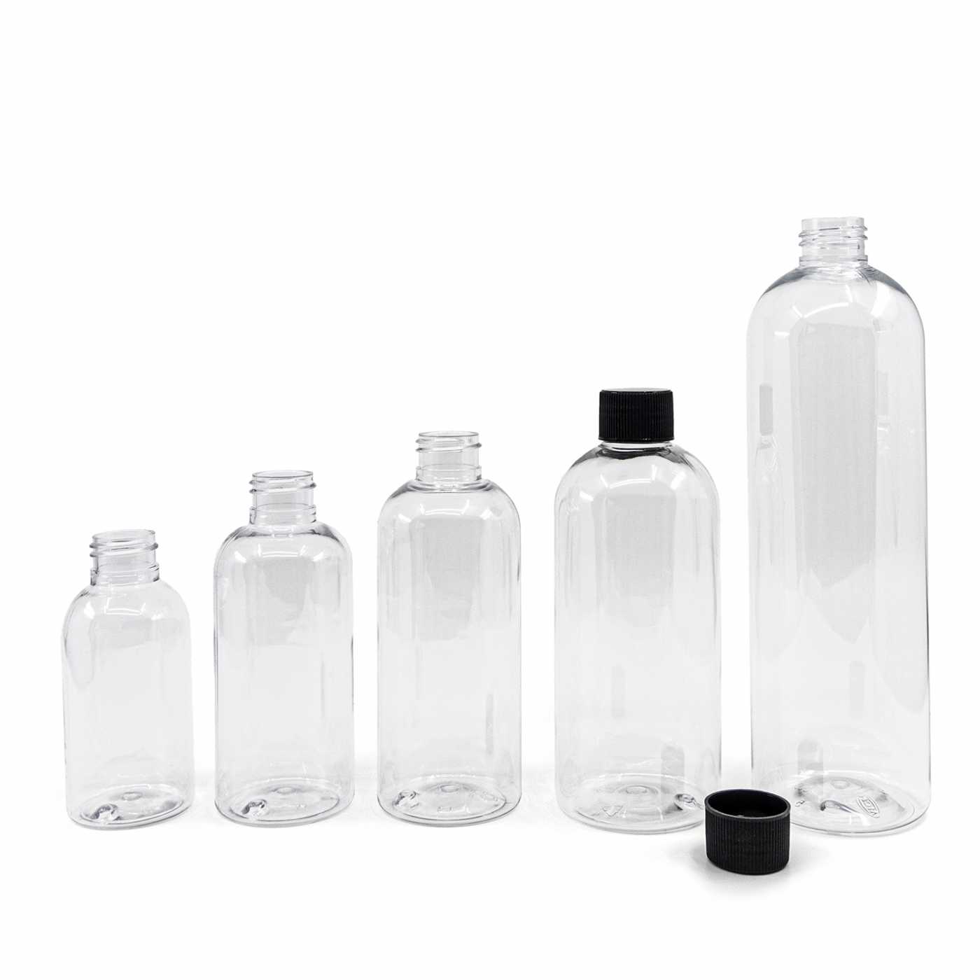 Átlátszó műanyag palack, 200 ml, fekete bordázott csavaros kupak